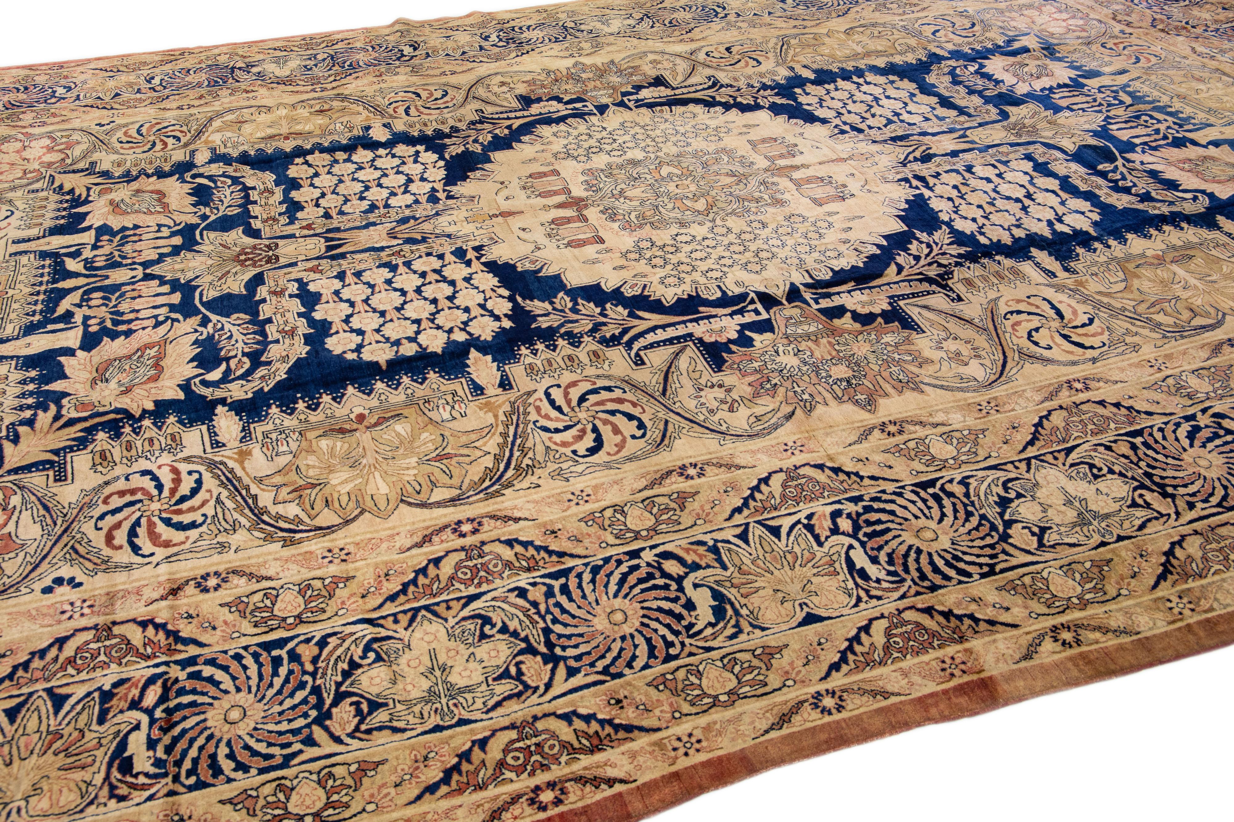 20th Century Antique Kerman Handmade Beige & Blue Persian Wool Rug with Allover Pattern For Sale