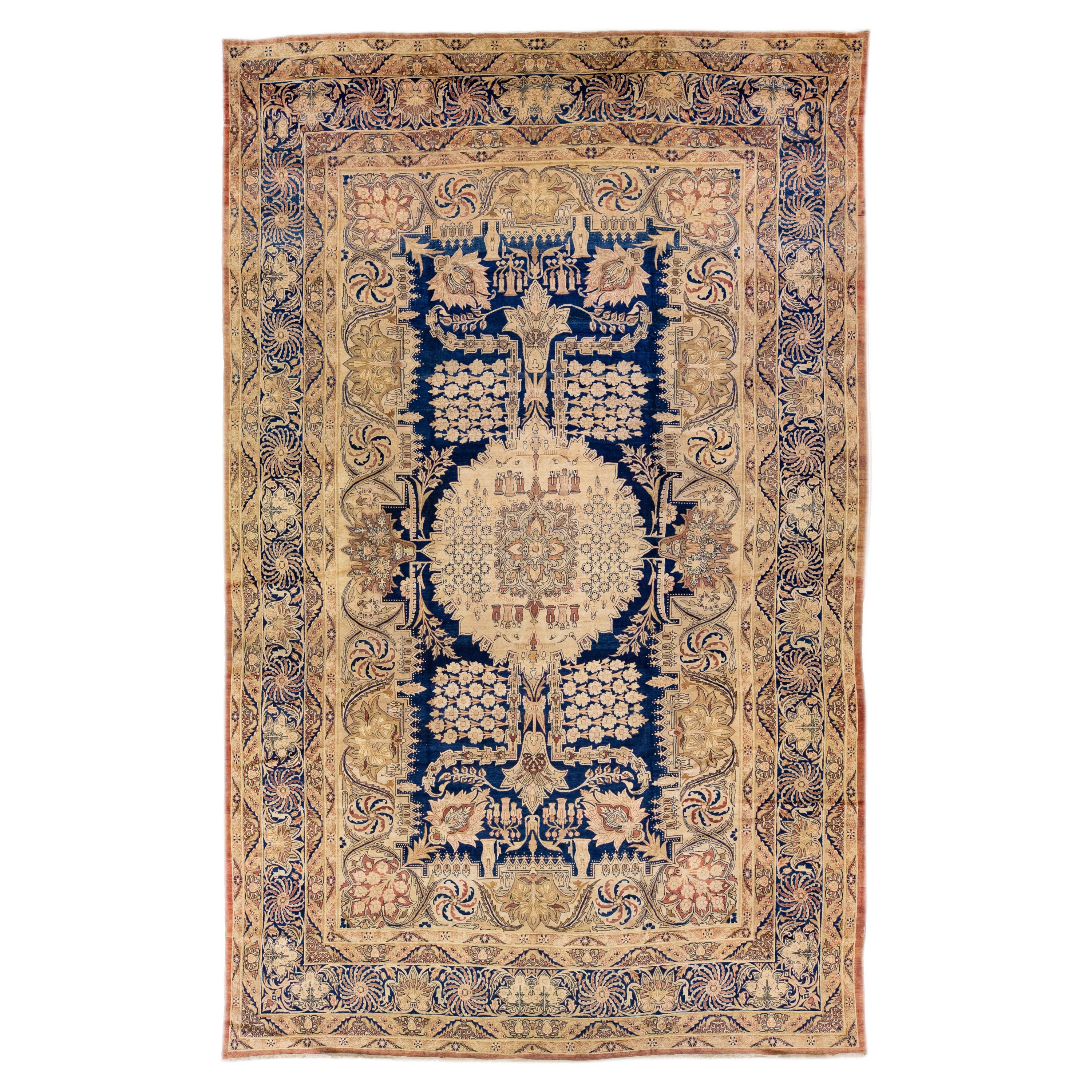 Antico tappeto Kerman in lana persiana beige e blu fatto a mano con motivo a trifoglio