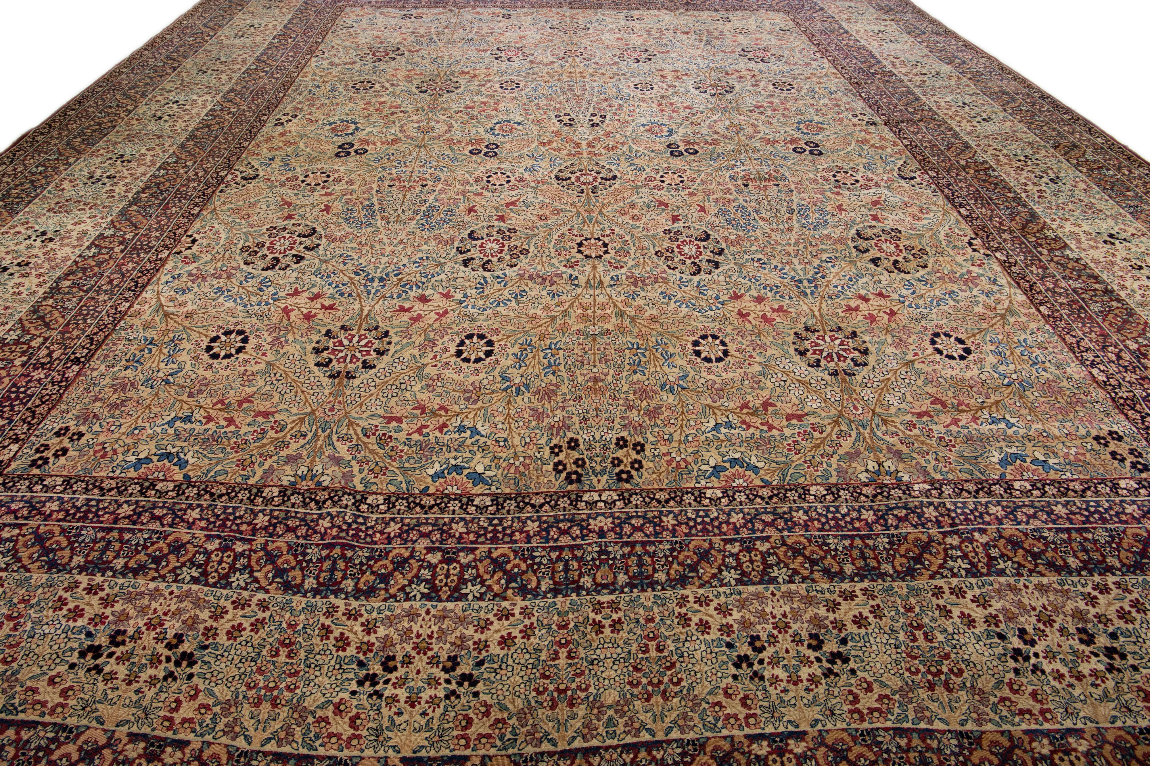 Kirman Antique Kerman Handmade Beige Persian Wool Rug with Allover Floral Pattern For Sale