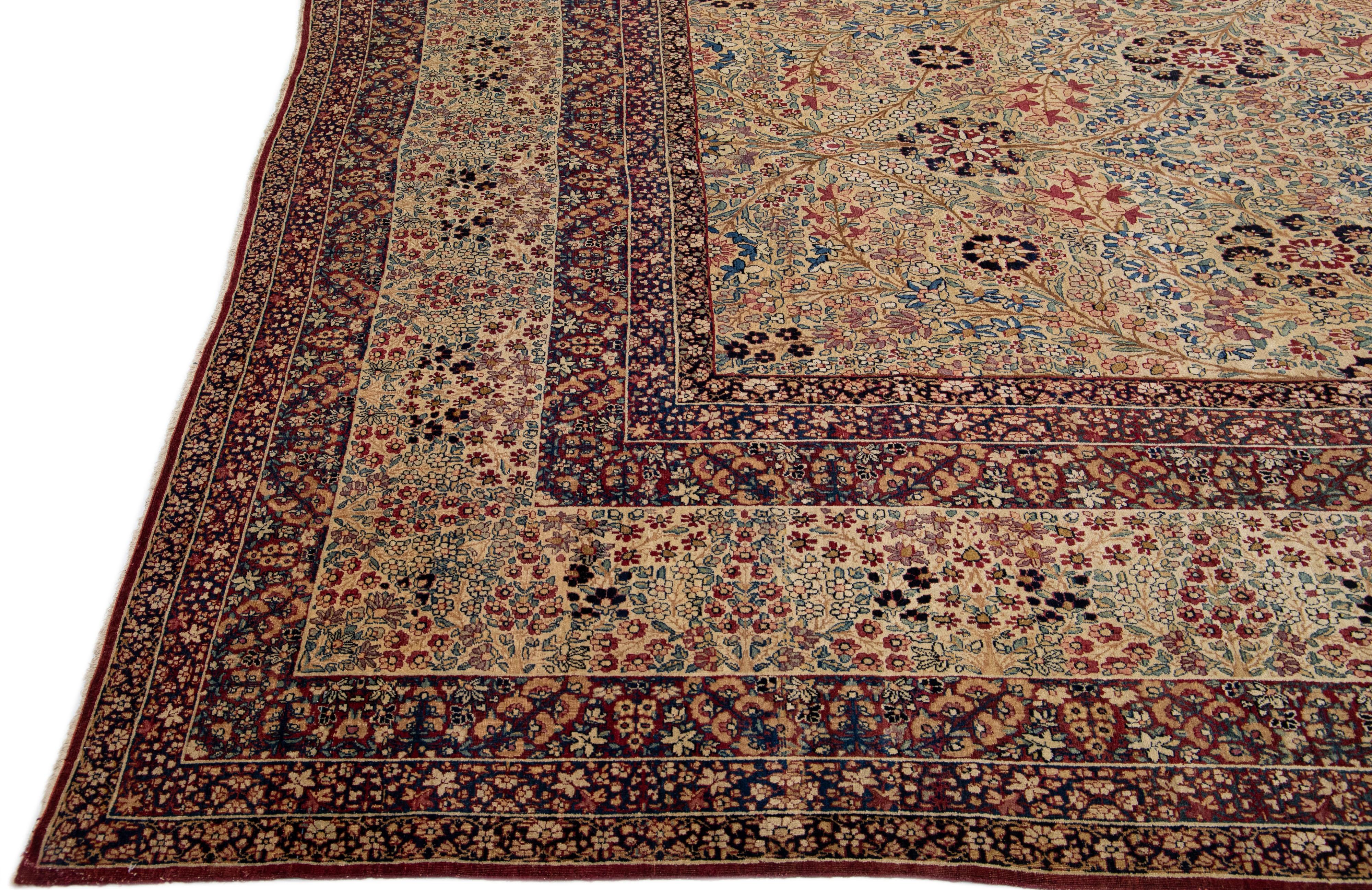 Hand-Knotted Antique Kerman Handmade Beige Persian Wool Rug with Allover Floral Pattern For Sale