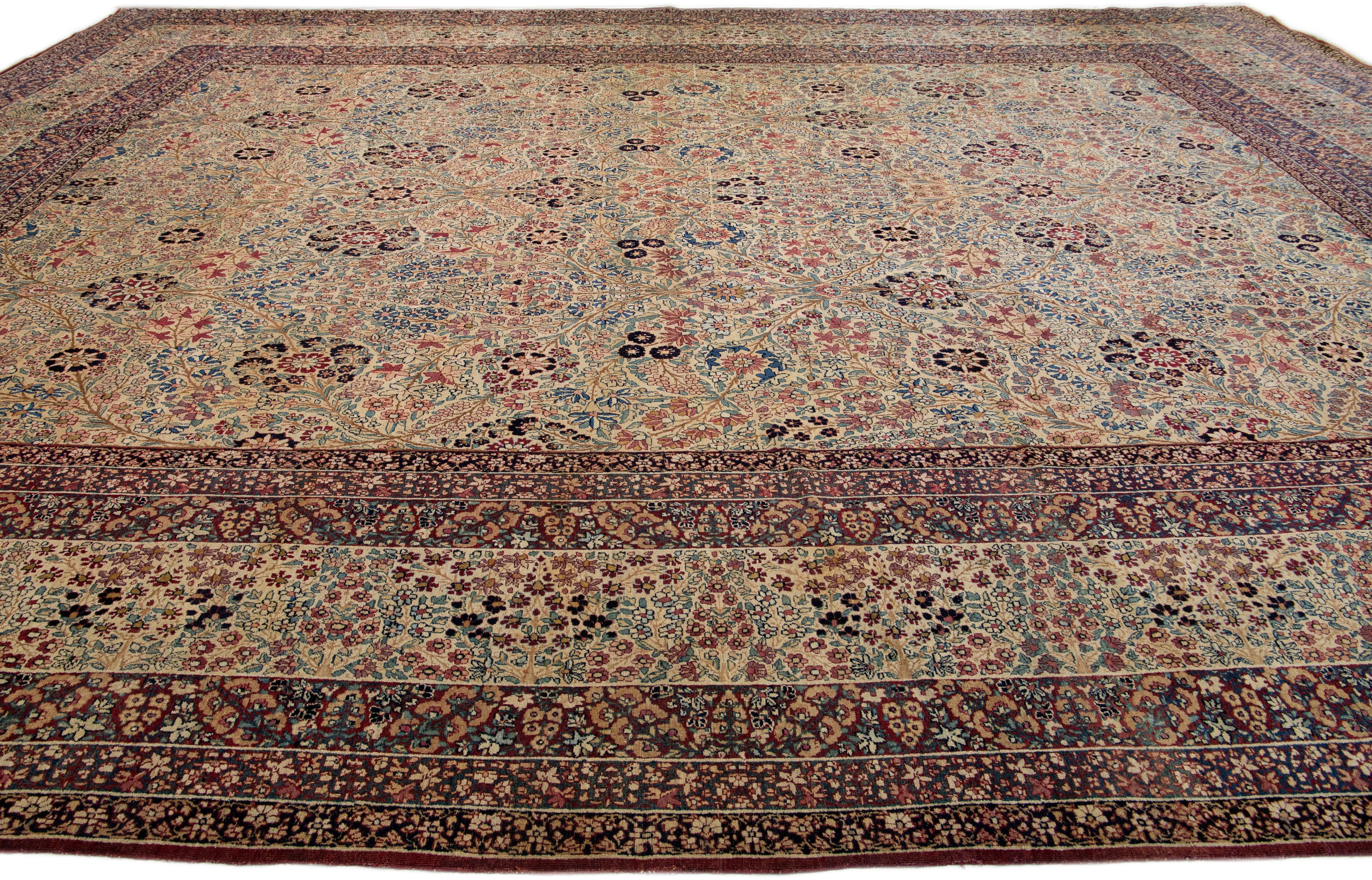 Antique Kerman Handmade Beige Persian Wool Rug with Allover Floral Pattern In Good Condition For Sale In Norwalk, CT