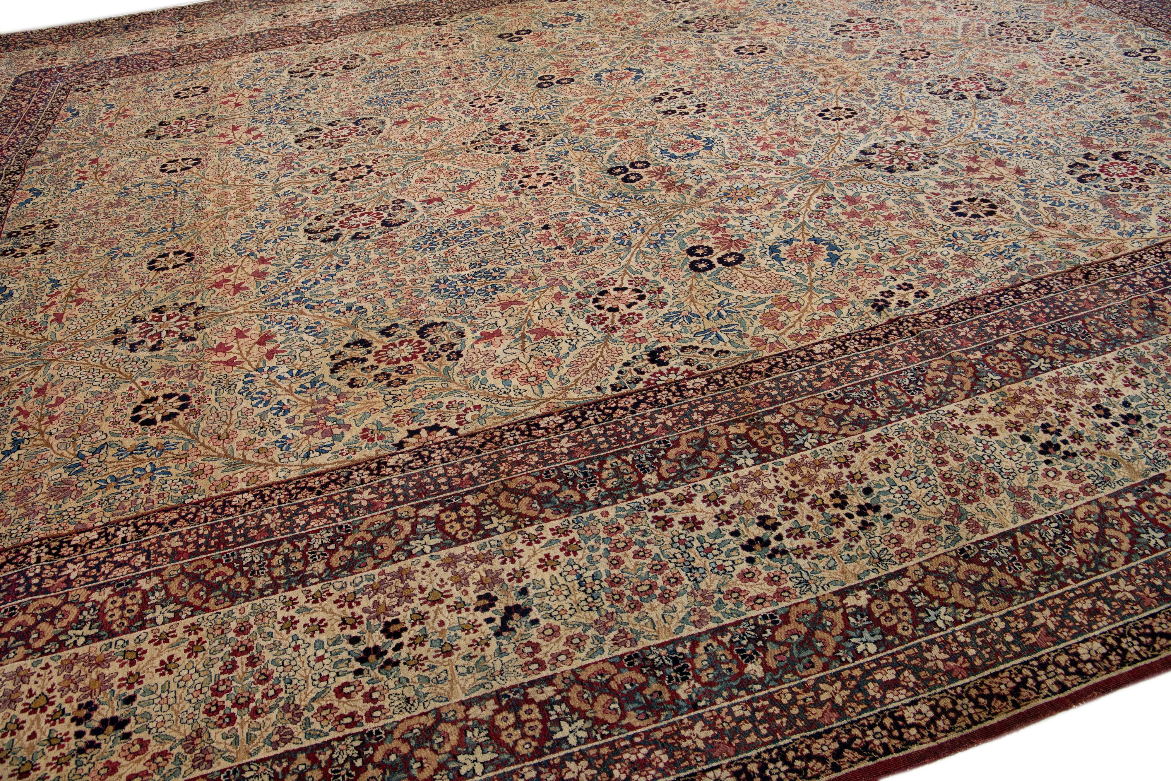 20th Century Antique Kerman Handmade Beige Persian Wool Rug with Allover Floral Pattern For Sale