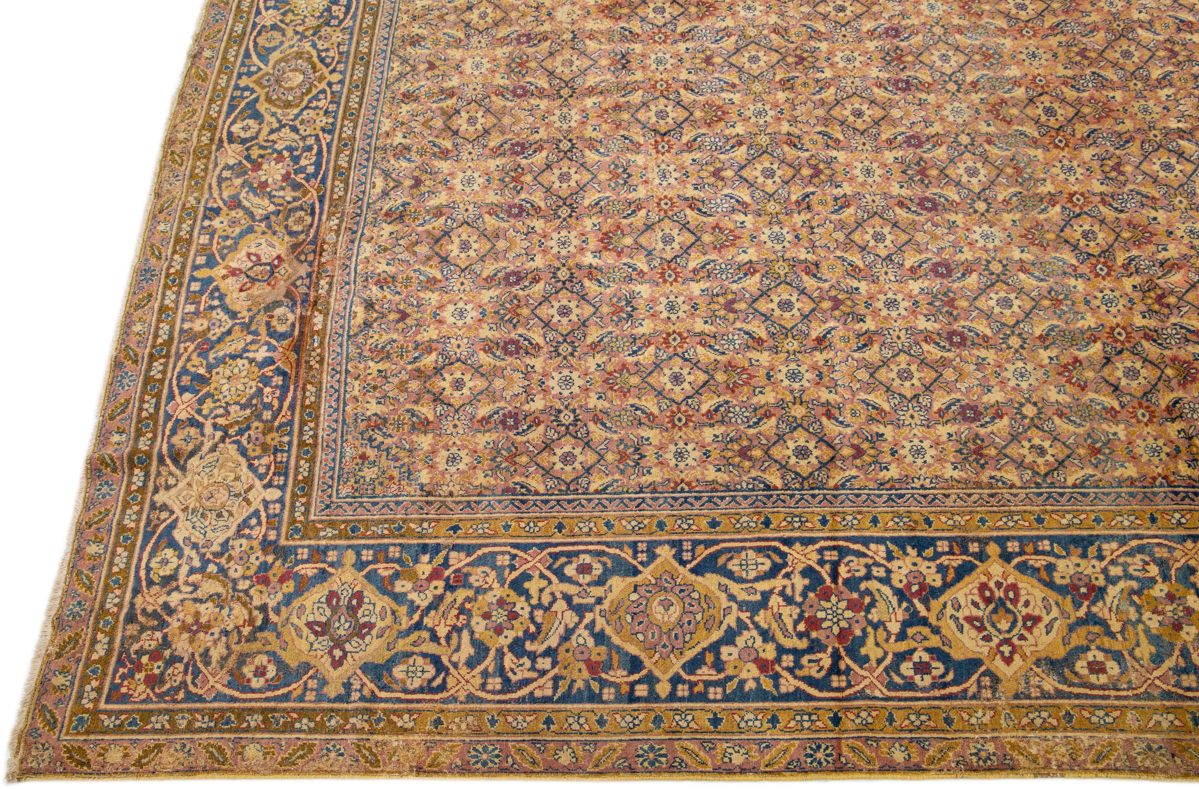 Hand-Knotted Antique Kerman Handmade Multicolor Allover Persian Wool Rug For Sale