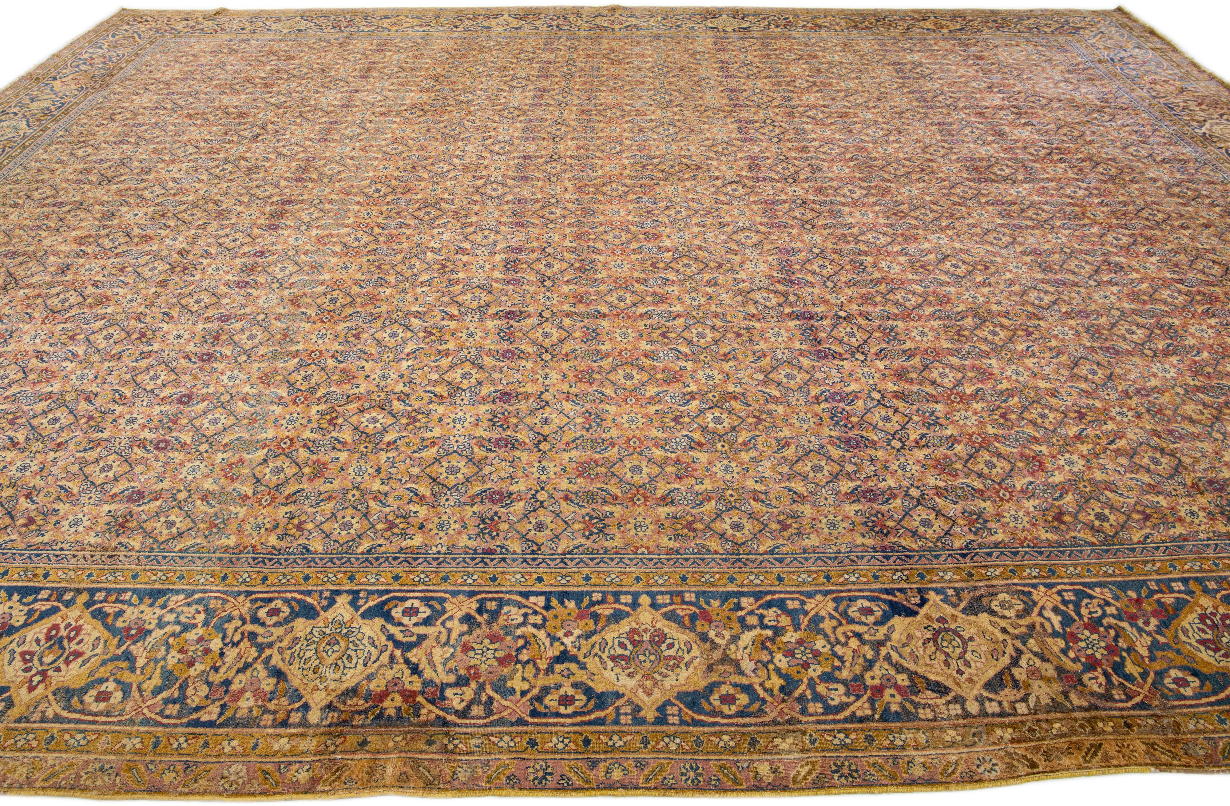 Antique Kerman Handmade Multicolor Allover Persian Wool Rug In Good Condition For Sale In Norwalk, CT
