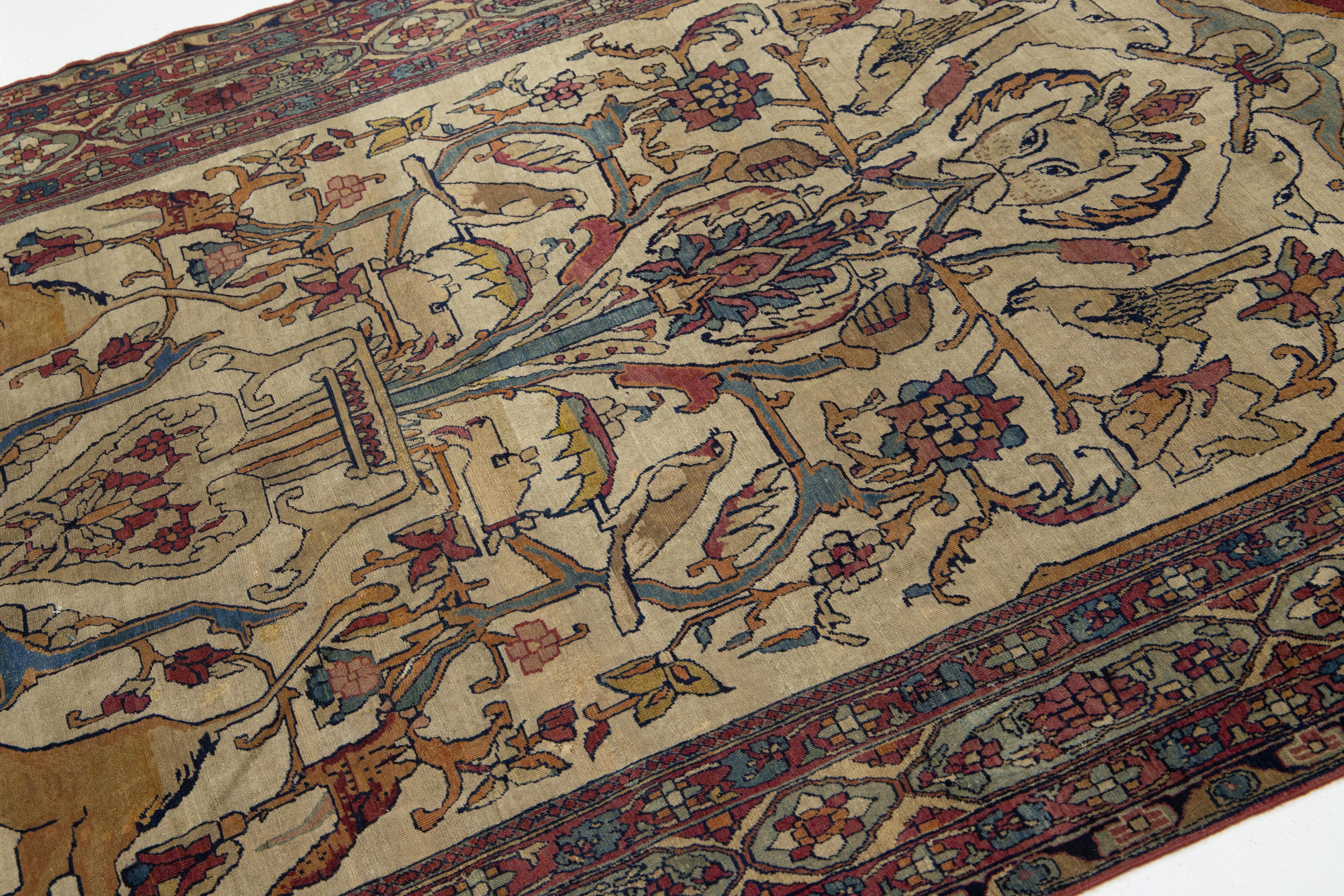 Annodato a mano Antico tappeto di lana persiano fatto a mano Kerman con design/One del 1890 in vendita