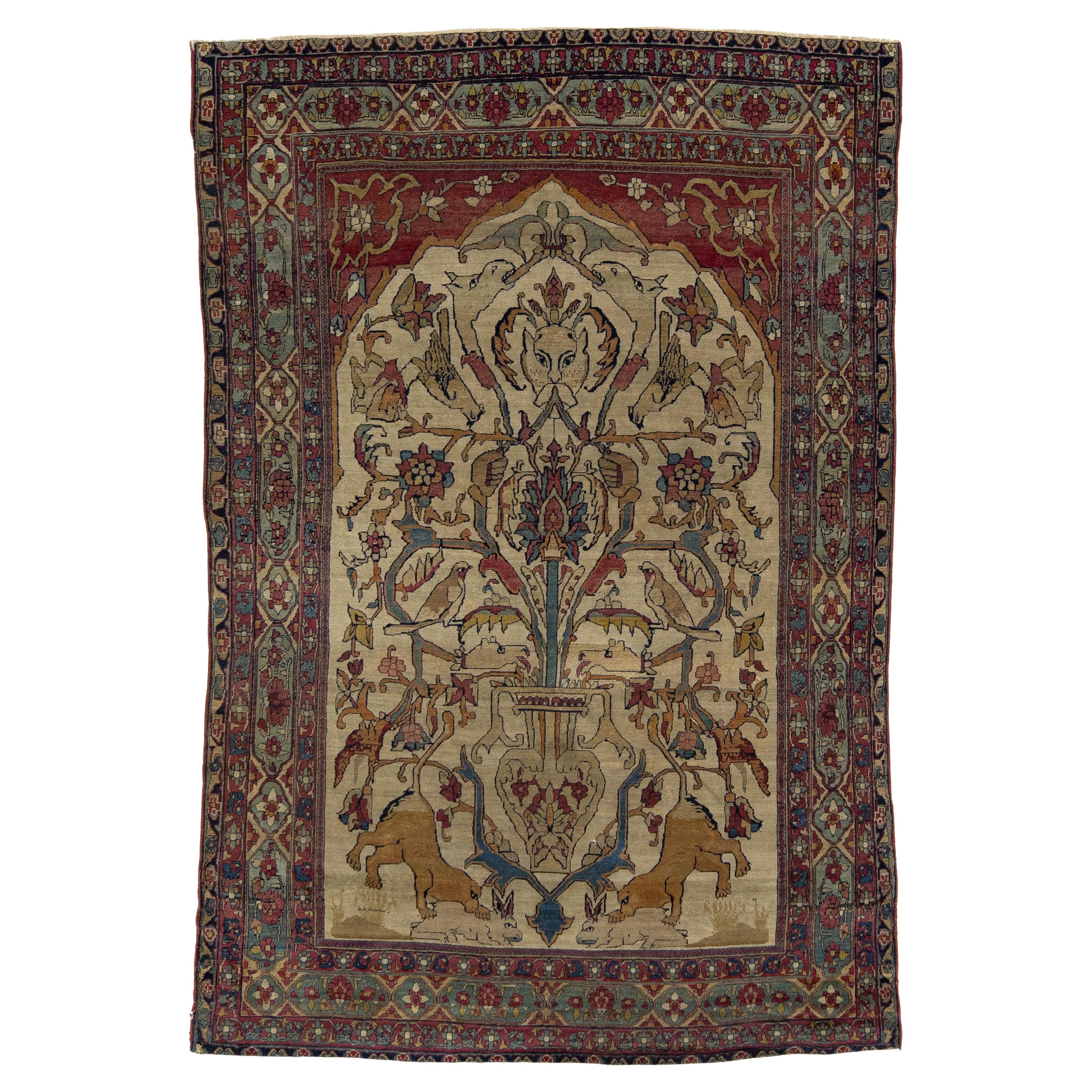 Antico tappeto di lana persiano fatto a mano Kerman con design/One del 1890 in vendita