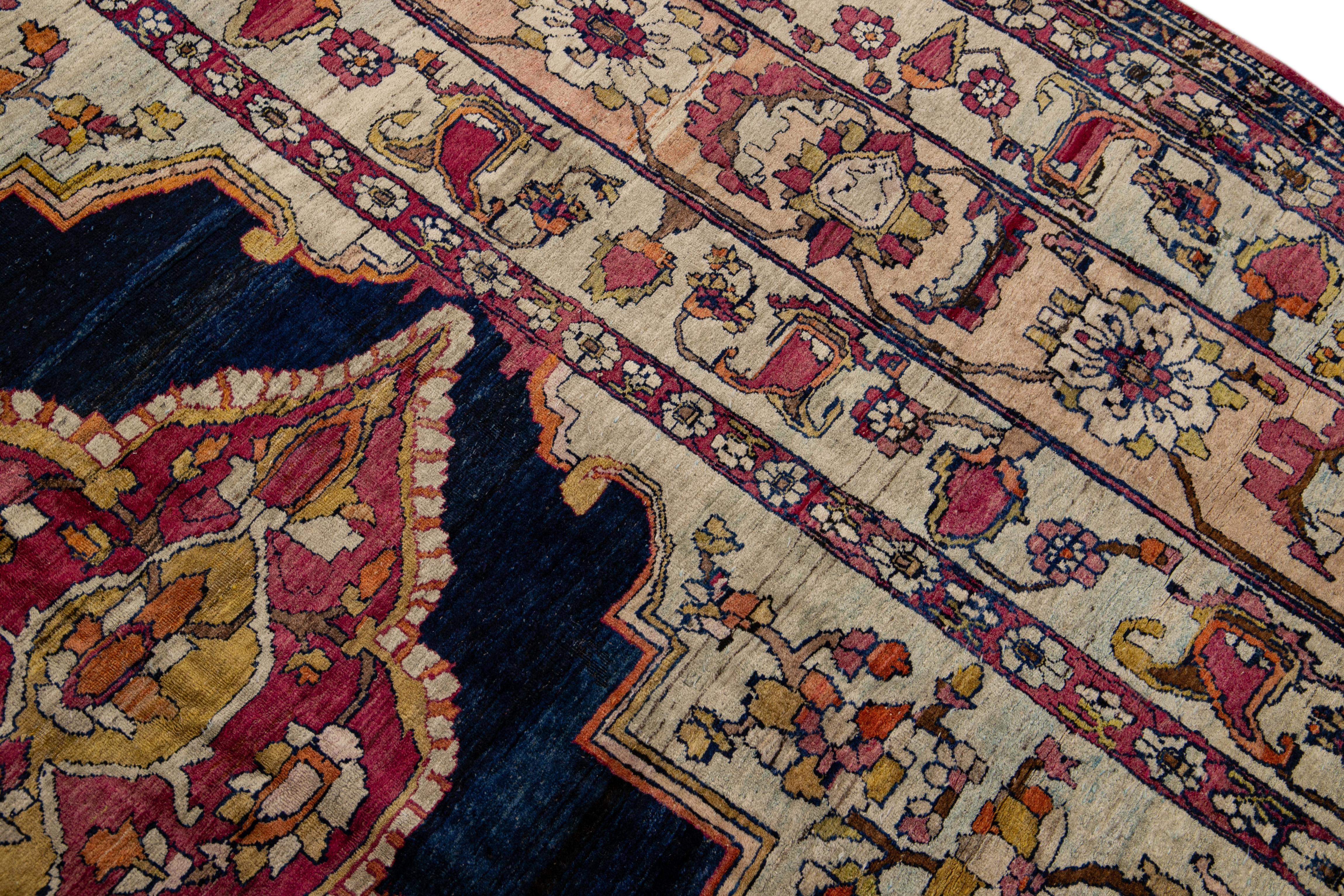 Late 19th Century Antique Kerman Handmade Red and Blue Floral Medallion Motif Wool Rug For Sale
