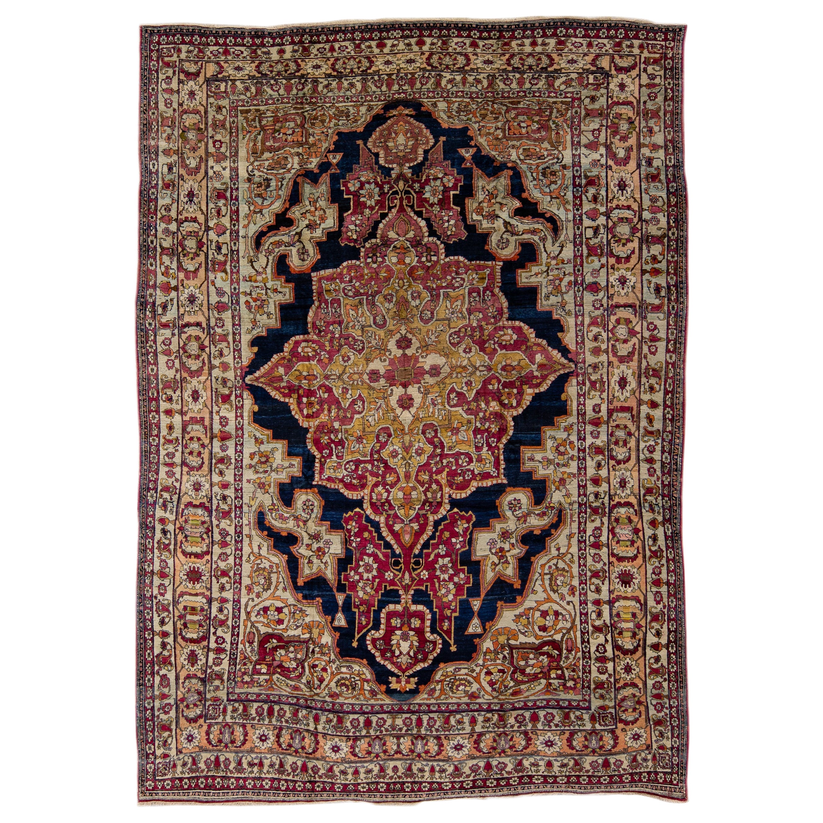Antiker, handgefertigter, roter und blauer Wollteppich mit Blumenmedaillon-Motiv, Kerman