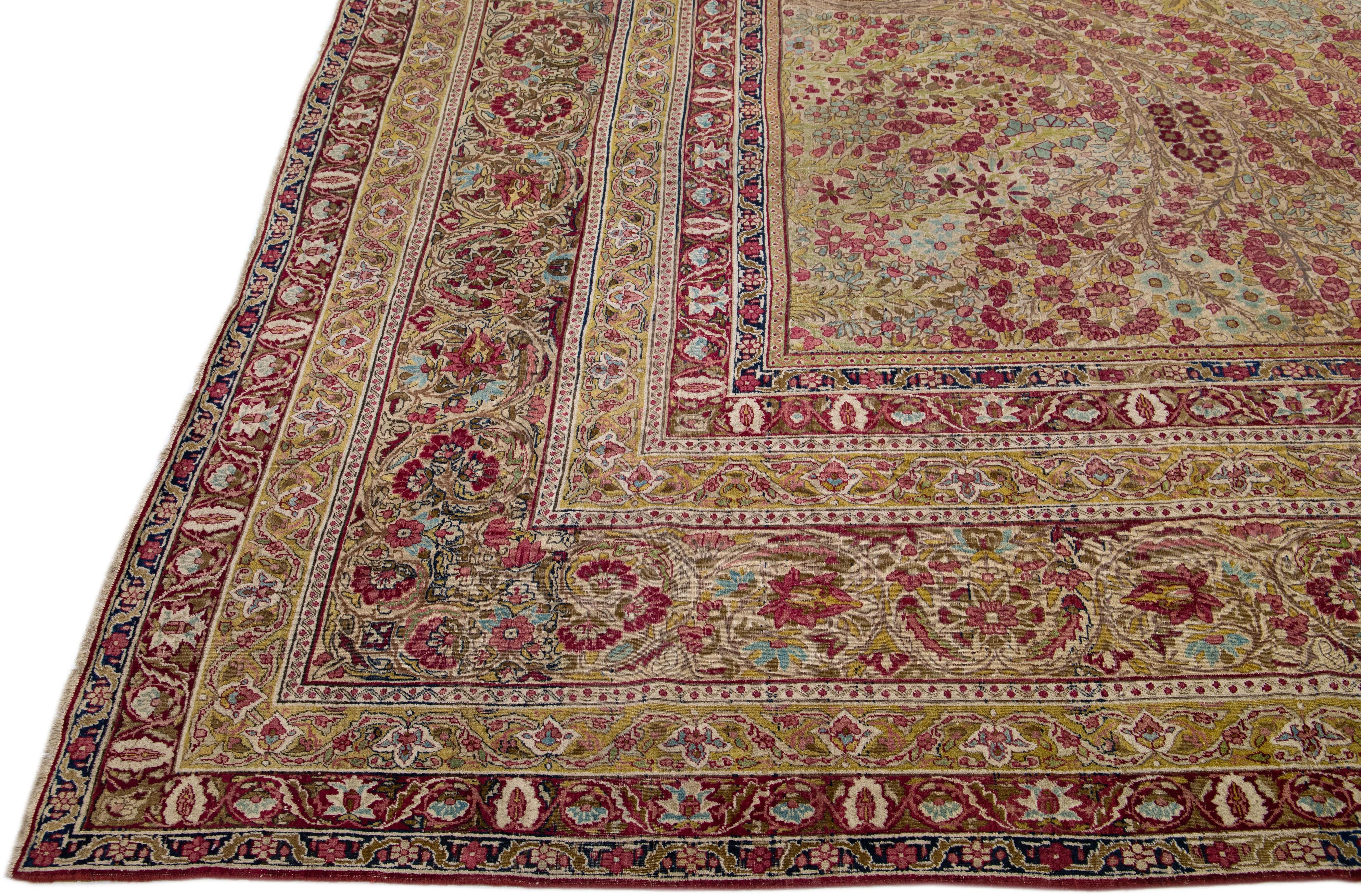 Hand-Knotted Antique Kerman Handmade Rose Persian Wool Rug with Allover Floral Motif For Sale
