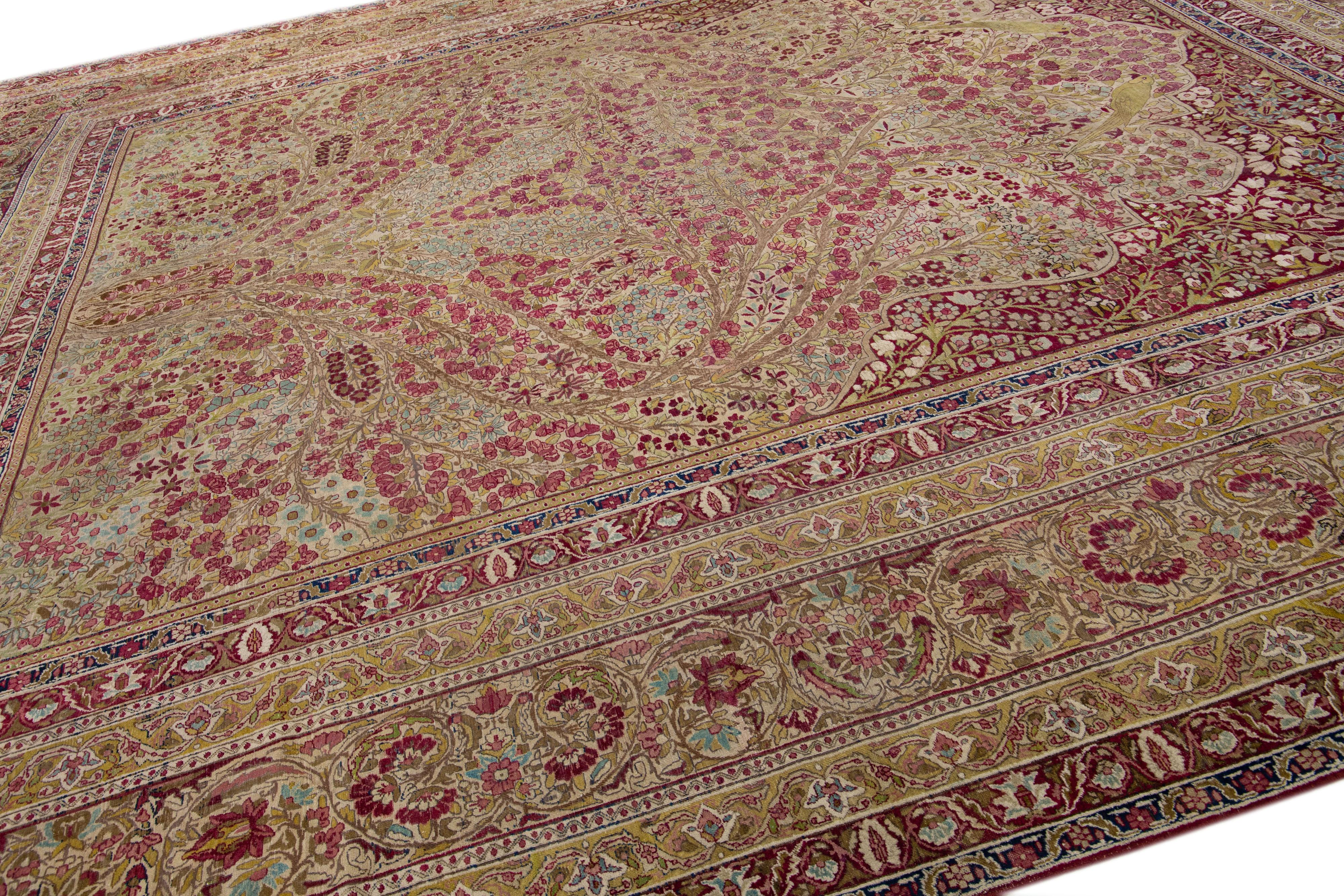 Antique Kerman Handmade Rose Persian Wool Rug with Allover Floral Motif In Good Condition For Sale In Norwalk, CT