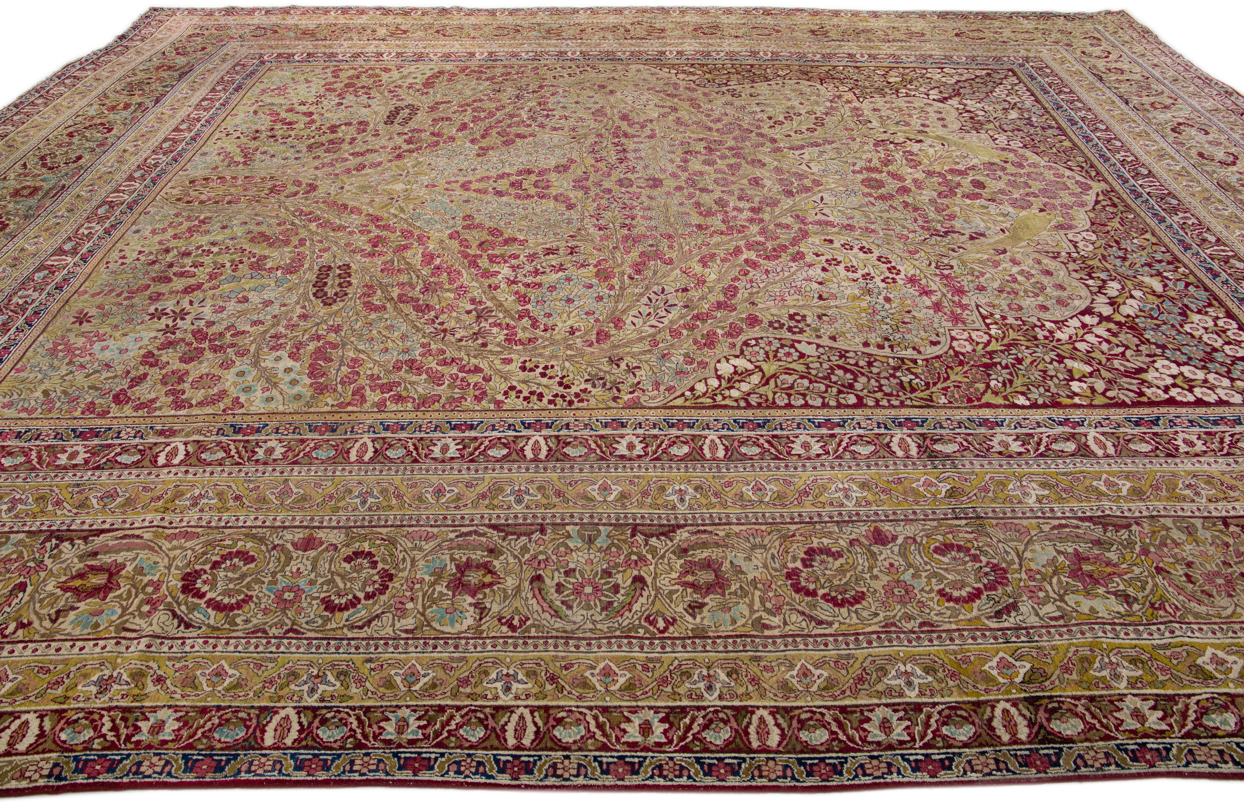 20th Century Antique Kerman Handmade Rose Persian Wool Rug with Allover Floral Motif For Sale