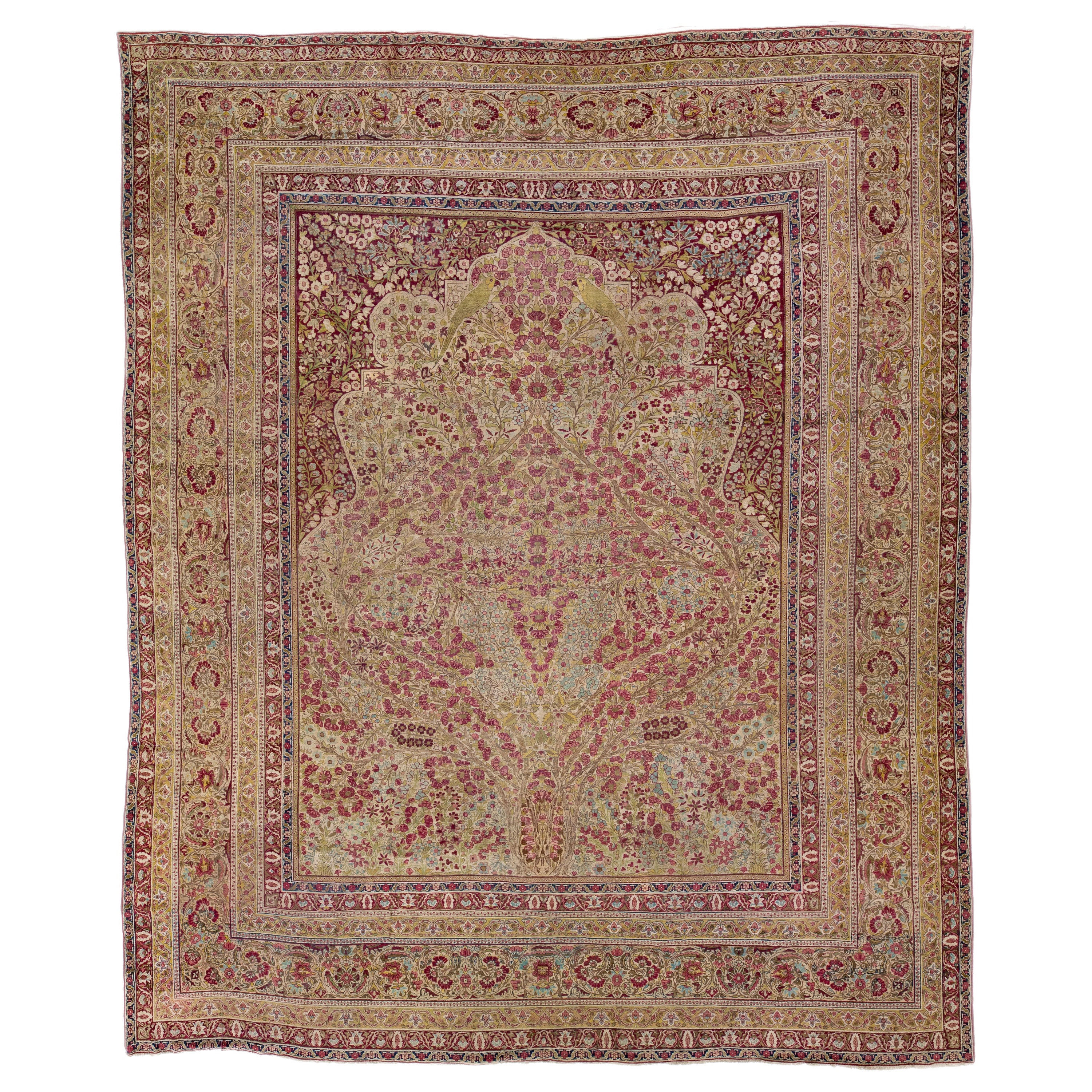Antico tappeto in lana persiana Kerman Rose fatto a mano con motivo floreale alllover