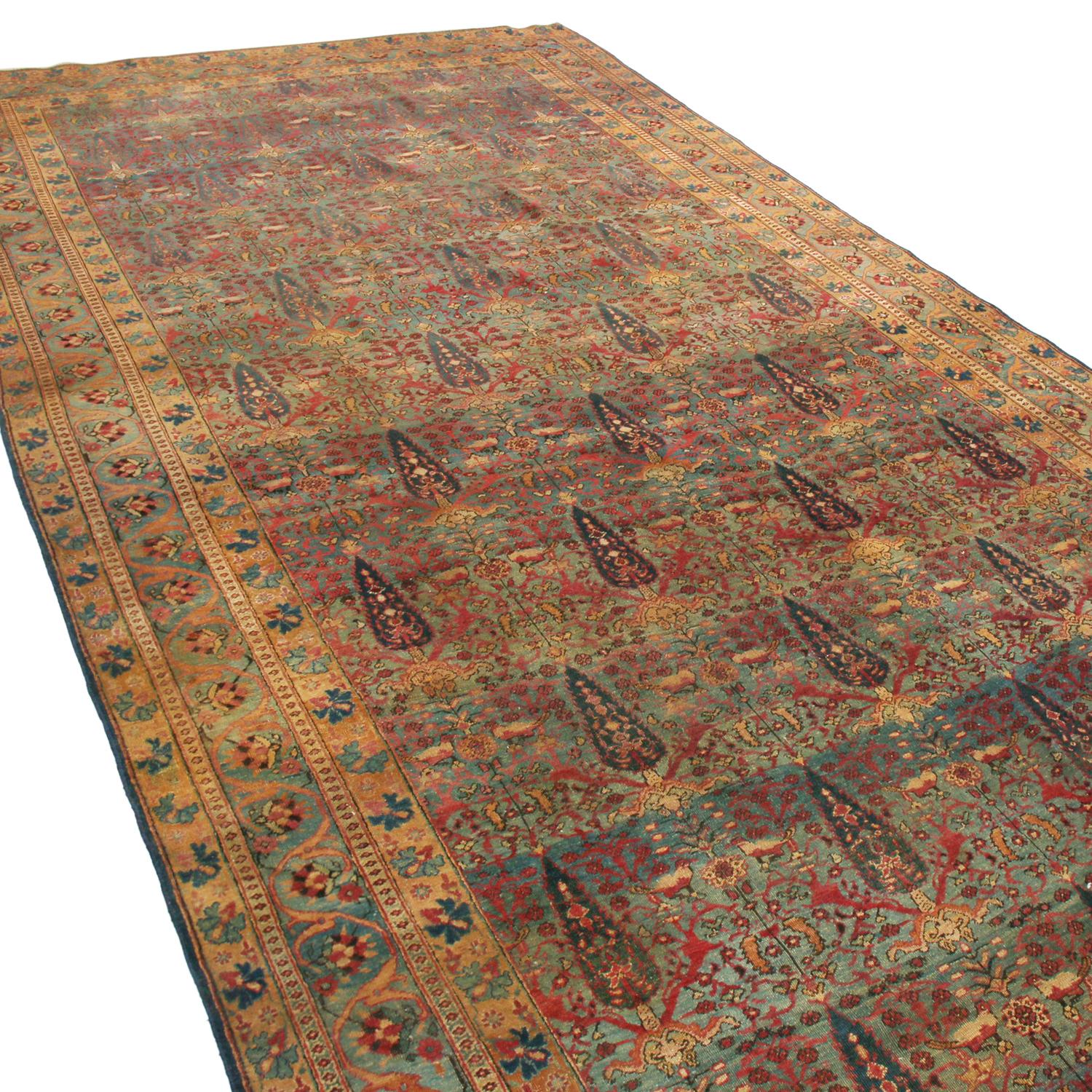 Kirman Antique Kerman Lavar Beige and Violet Wool Persian Rug For Sale