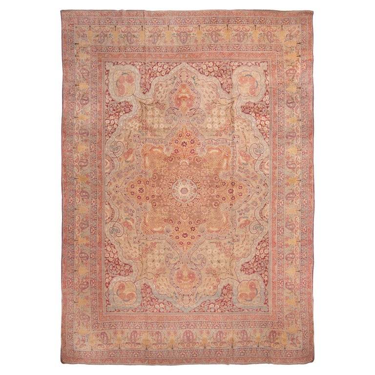 Antique Kerman Lavar BeigeBrown PinkRed Wool Persian Floral Rug by