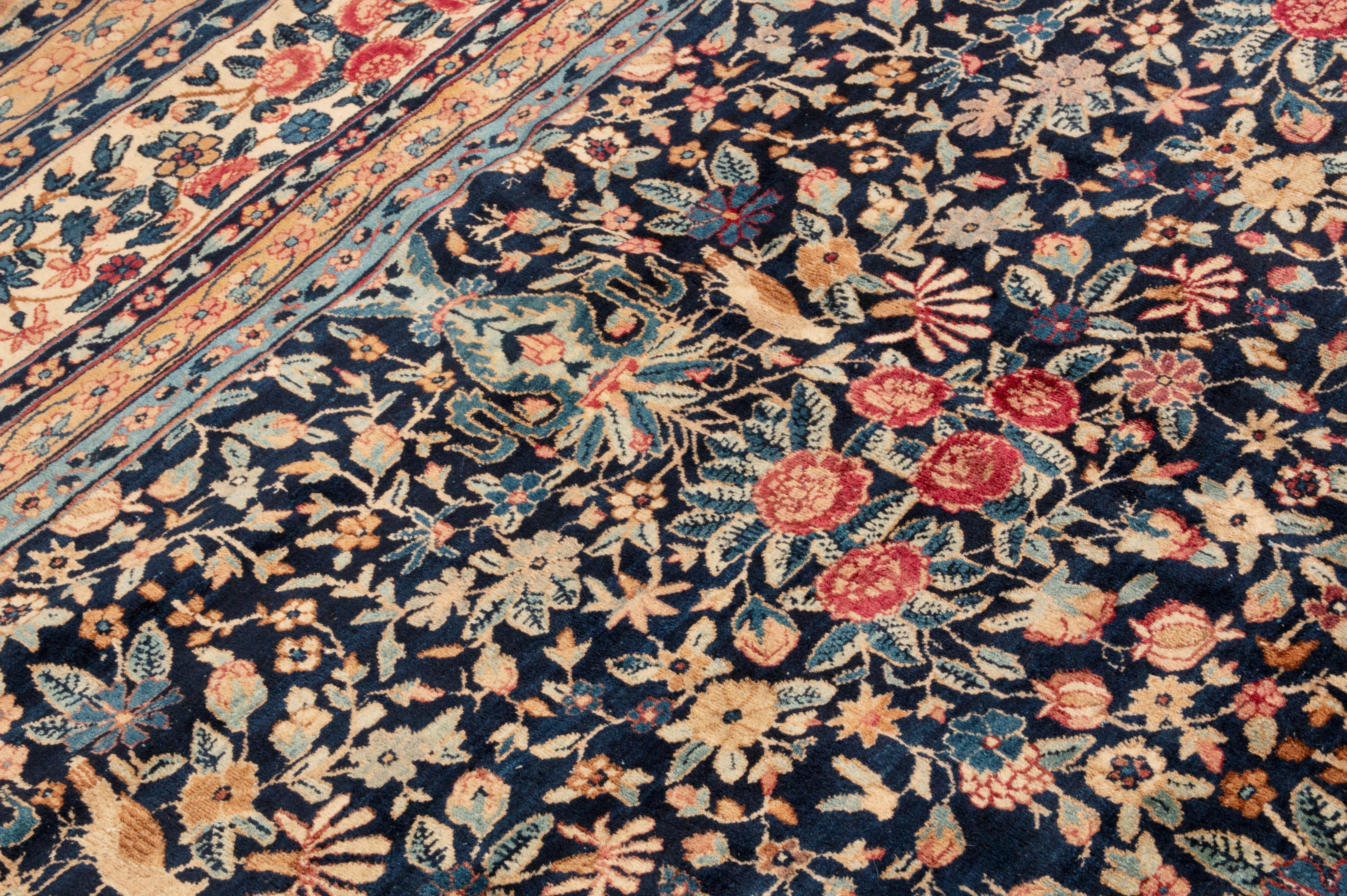 Kirman Antique Kerman Lavar Blue & Red Wool All-Over Floral Pattern Rug For Sale