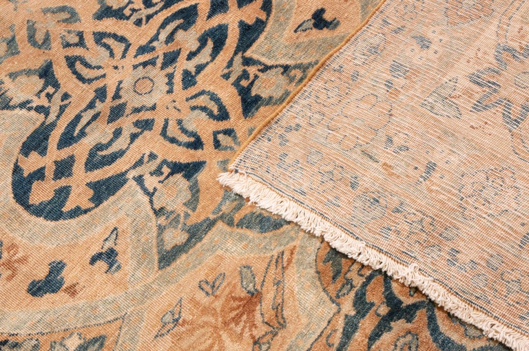 Antique Kerman Lavar Blue and Yellow Wool Rug with AllOver Floral