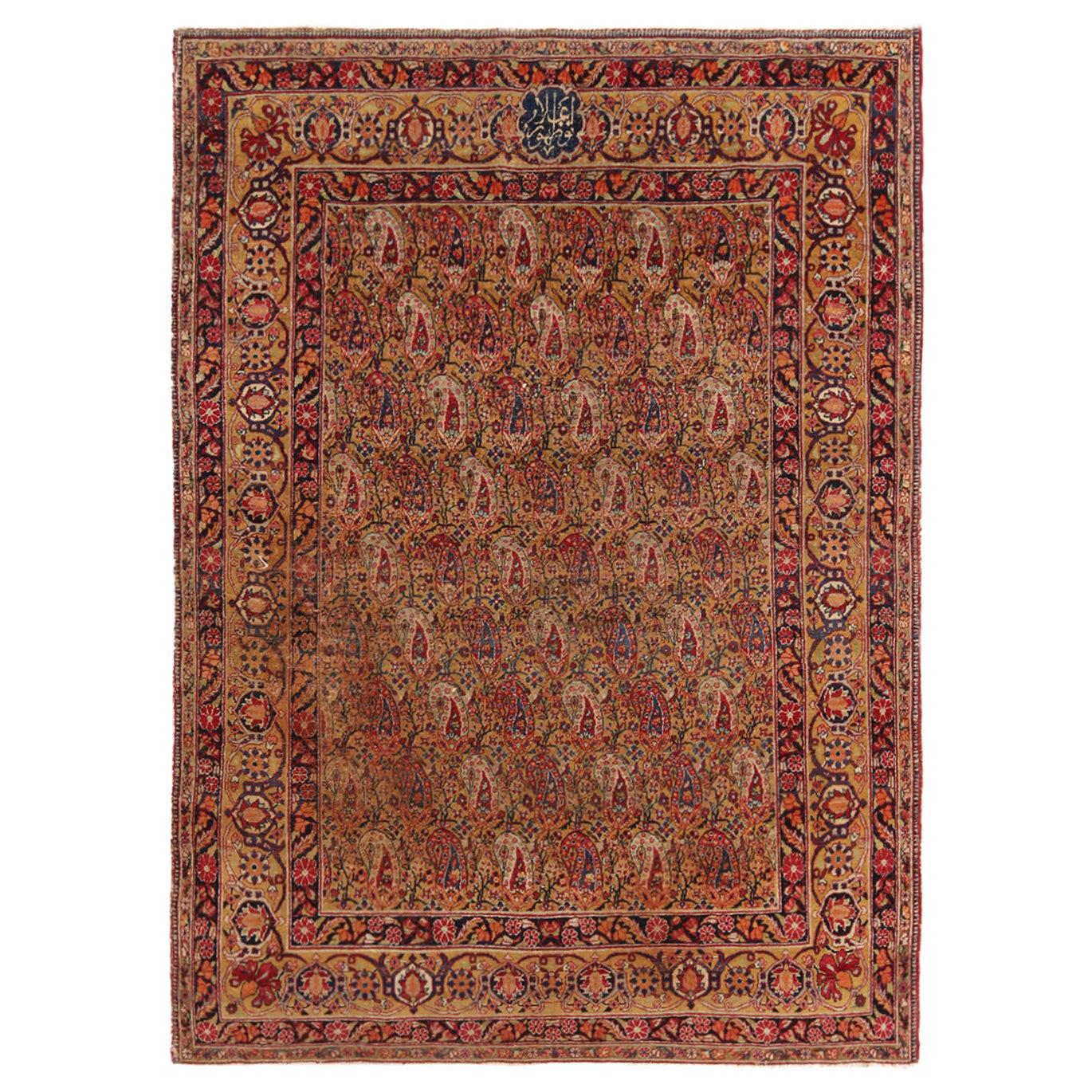 Antique Kerman Lavar Golden-Beige Wool Rug with Boteh Pattern by Rug & Kilim