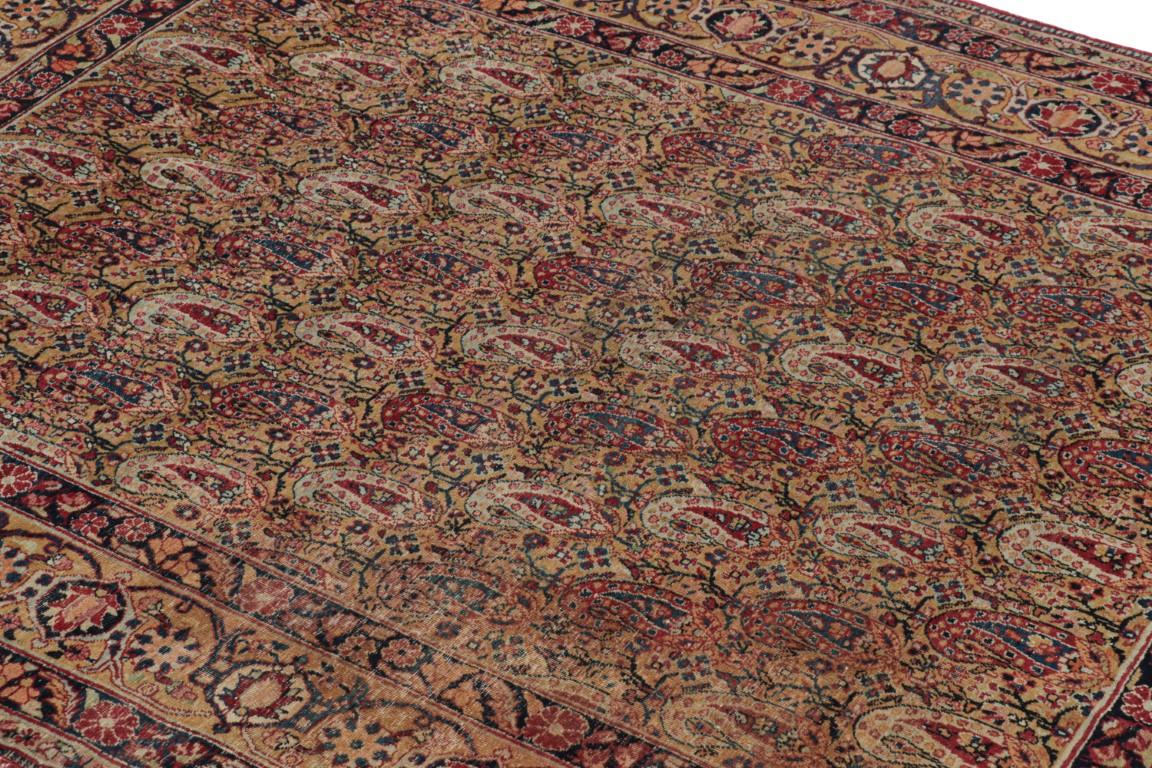 Hand-knotted in wool and originating in 1880-90, this 5x6 antique Persian rug is a very special signed collectible of Kerman Lavar provenance and is an extremely rare piece in the history of handmade rugs—a work of master weaver Nozohour Salami,