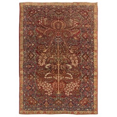 Antiker handgeknüpfter persischer Teppich aus roter Wolle von Kerman Lavar von Teppich & Kelim