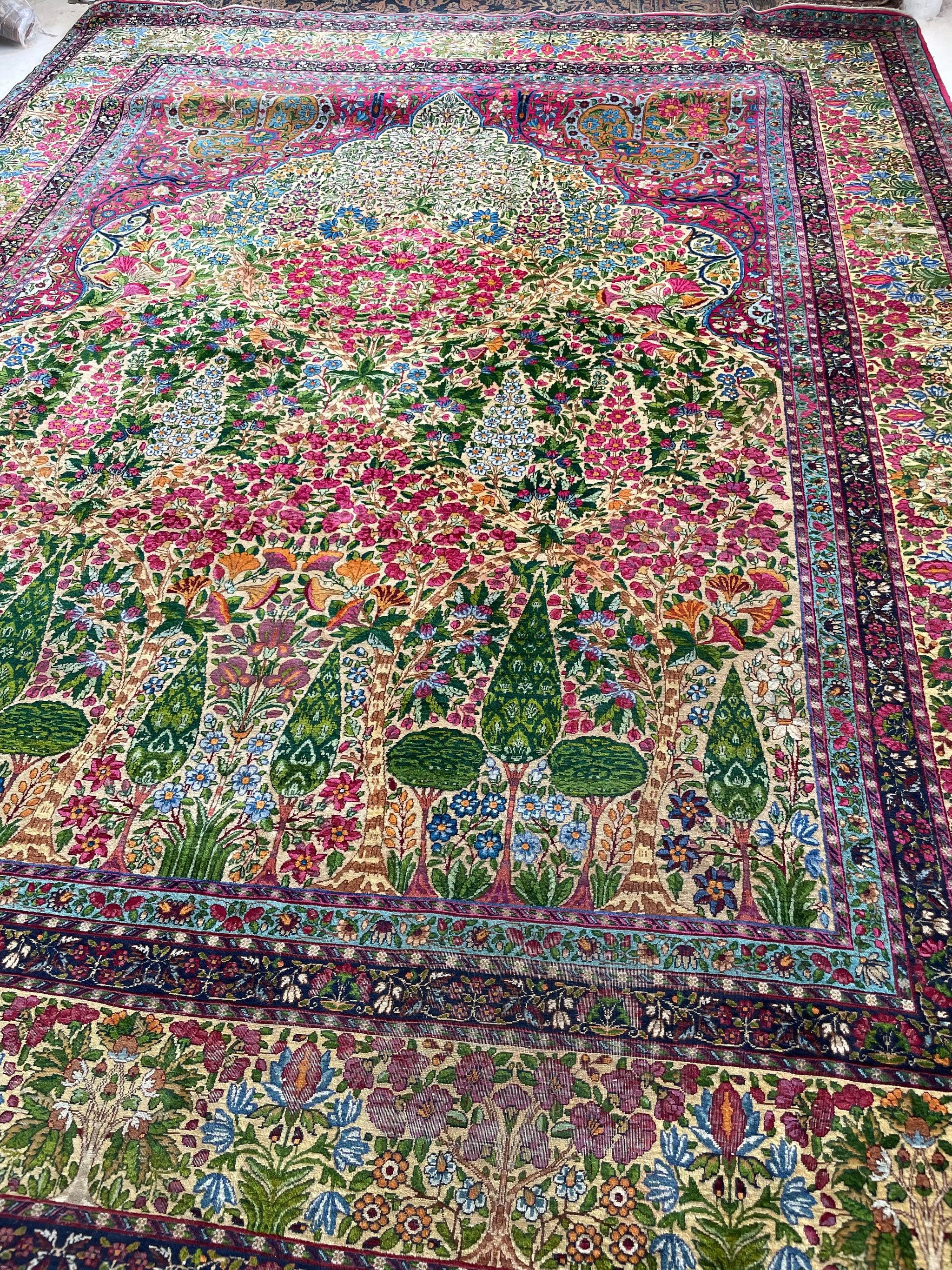 Spectacle Antique Kerman Lavar  Millefleur & Cypress Tree of Life  Spectrum Color Palette

About: ONE OF THE MOST BEAUTIFUL...

Size:  11.4 x 14.5
Age: Antique, C. 1930-40's
Pile: Incredible strong and soft wool pile throughout, subtle age-related