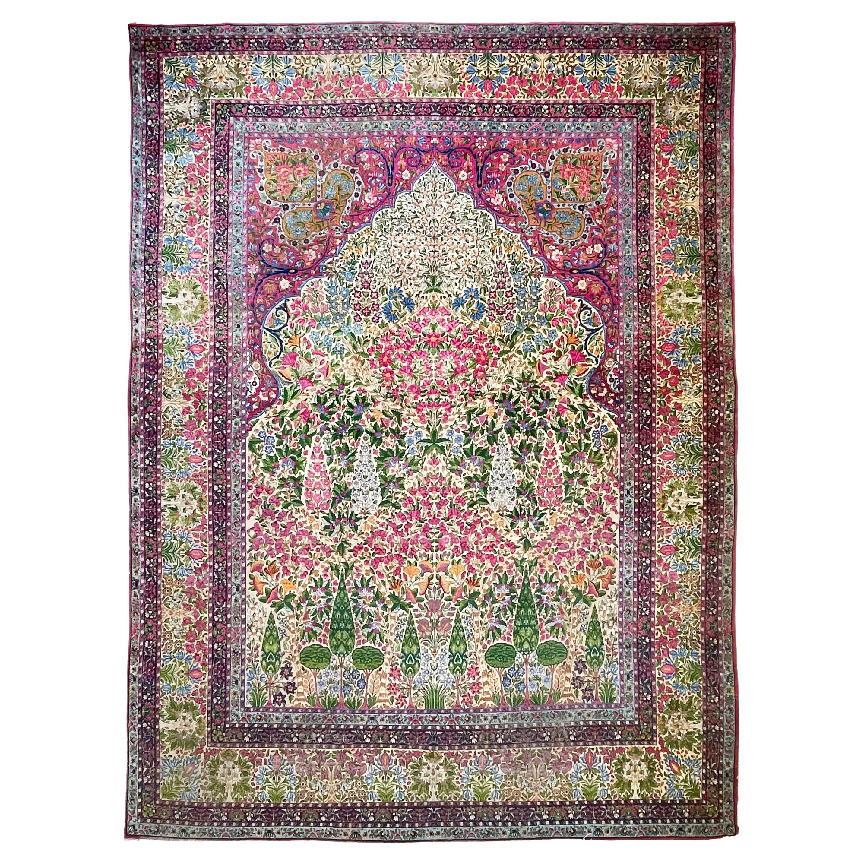 Antique Kerman Lavar Millefleur & Cypress Tree of Life Rug, circa 1930-40's For Sale