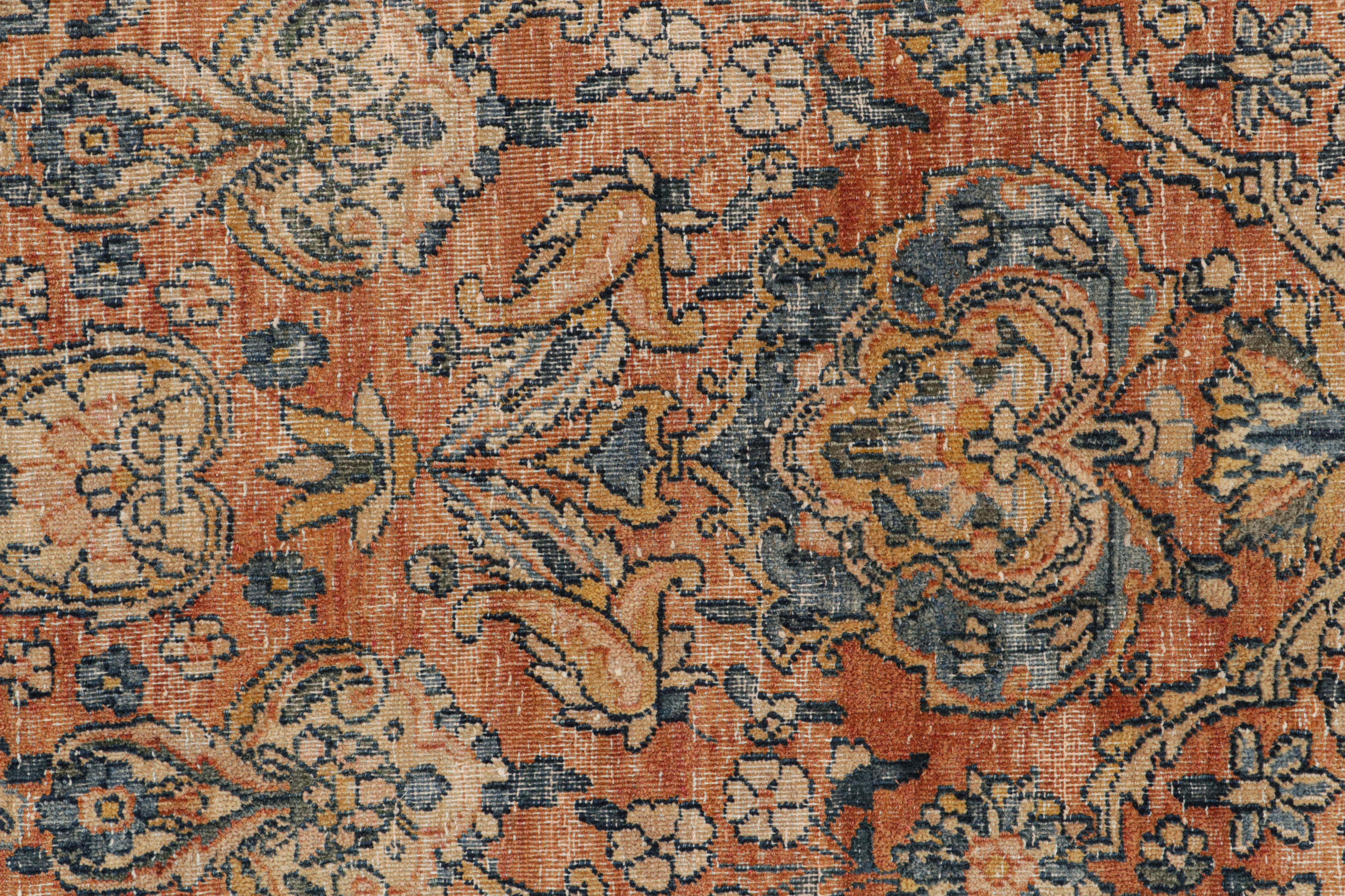 Hand-Knotted Antique Kerman Lavar Orange-Brown & Blue Wool Persian Floral Rug by Rug & Kilim For Sale