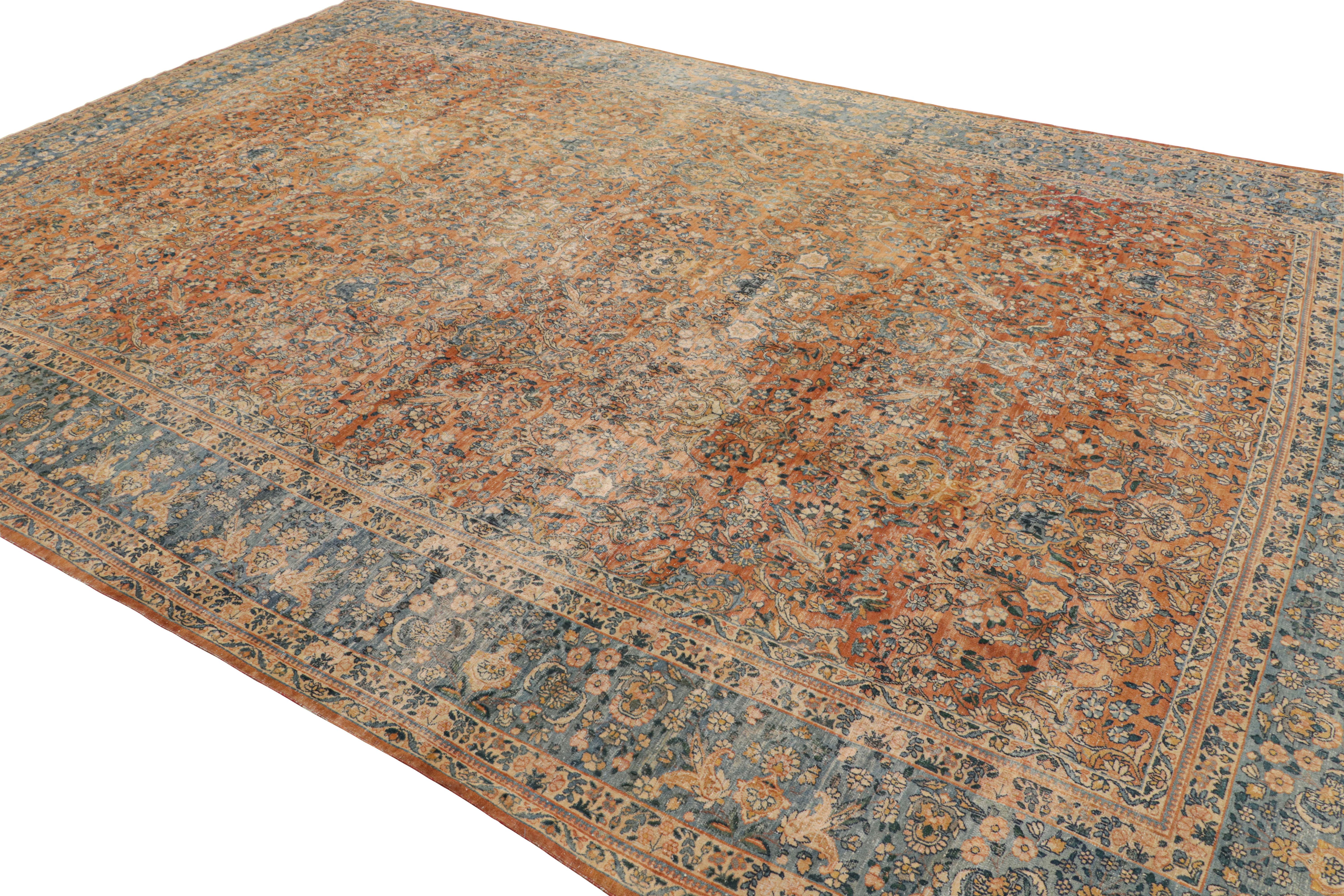 Antique Kerman Lavar Orange-Brown & Blue Wool Persian Floral Rug by Rug & Kilim In Good Condition For Sale In Long Island City, NY