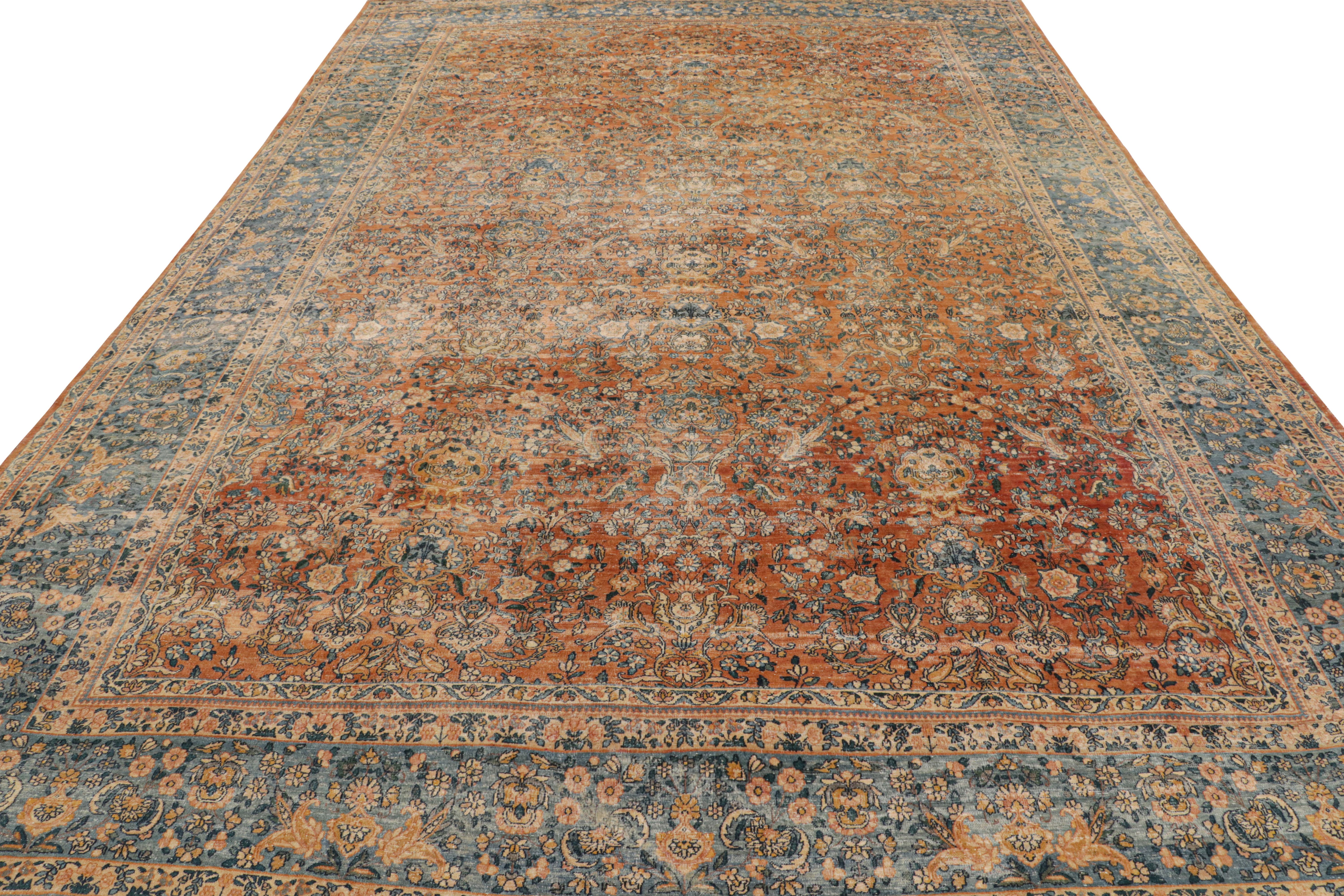 Early 20th Century Antique Kerman Lavar Orange-Brown & Blue Wool Persian Floral Rug by Rug & Kilim For Sale