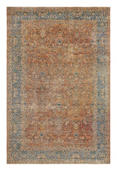 Antico tappeto floreale persiano in lana arancio-marrone e blu Kerman Lavar di Rug & Kilim