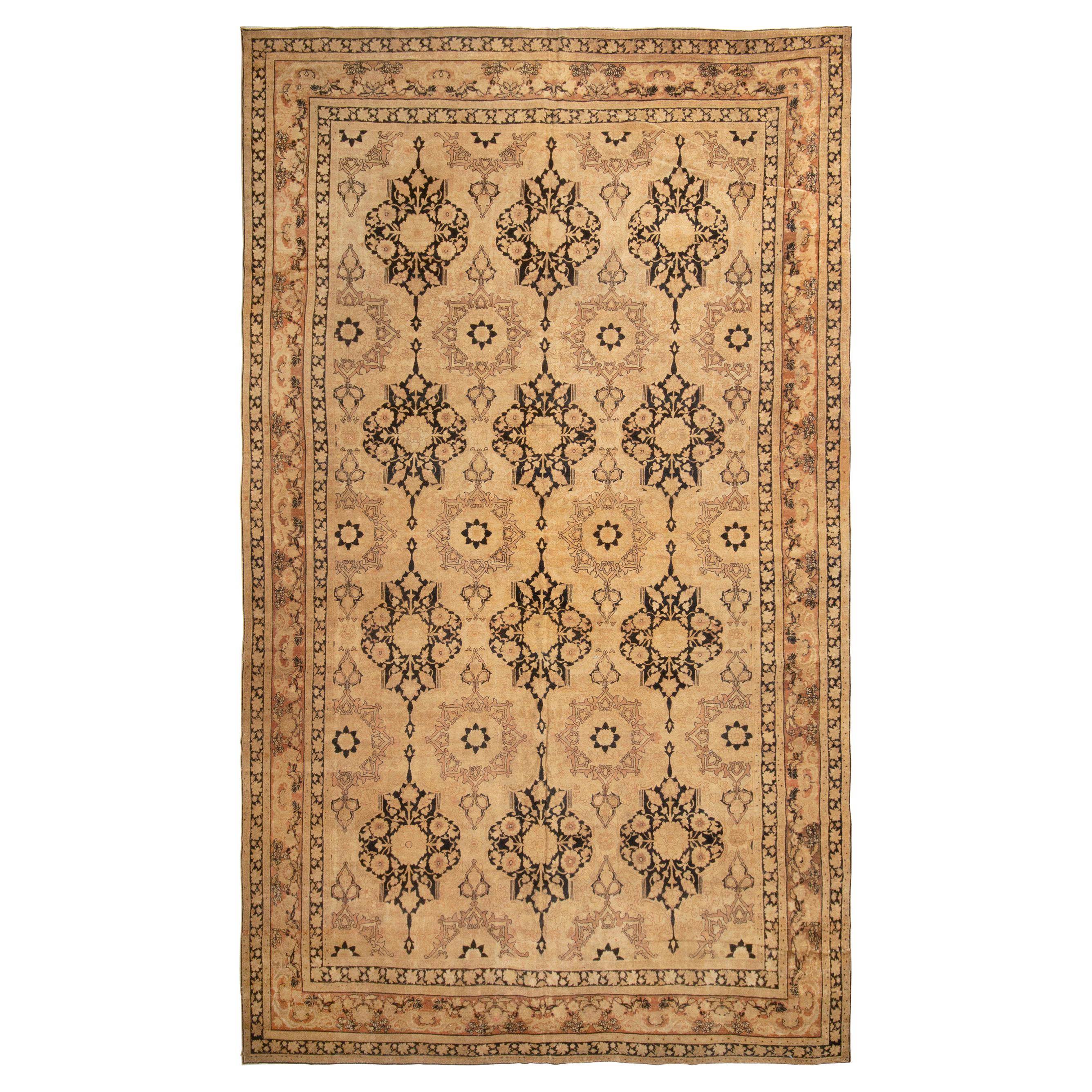 Antique Kerman Lavar Persian Rug in Beige-Brown Floral Pattern