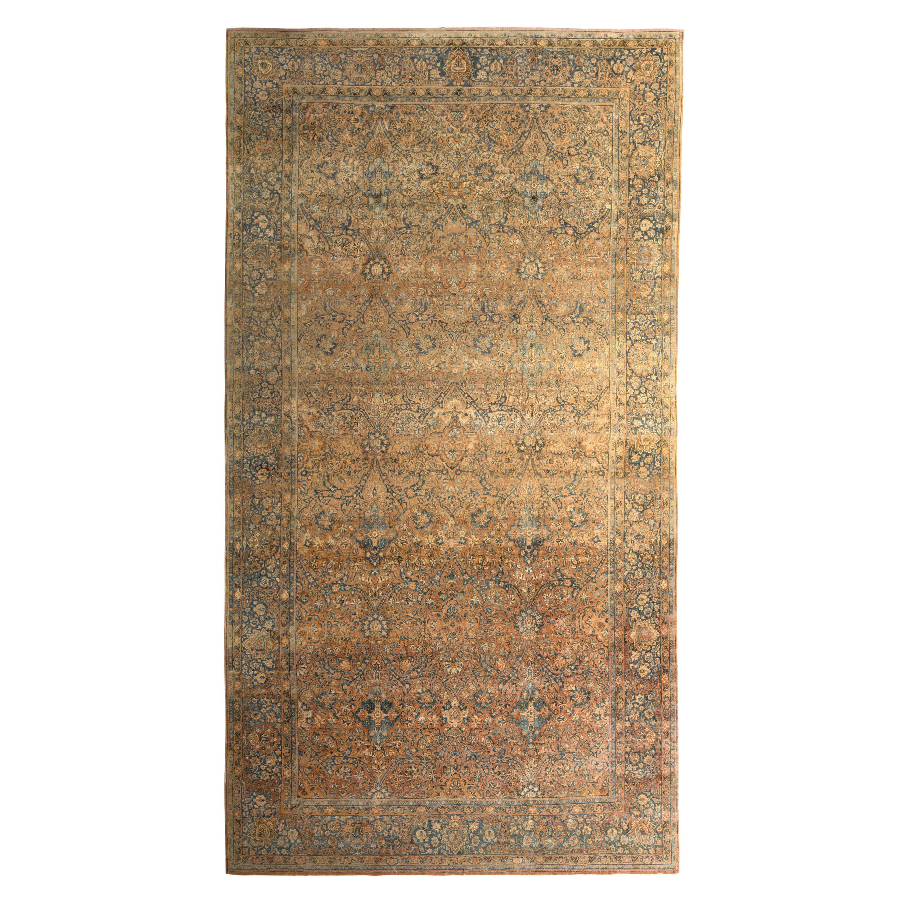 Antique Kerman Lavar Persian Rug in Blue, Beige-Brown Floral Pattern