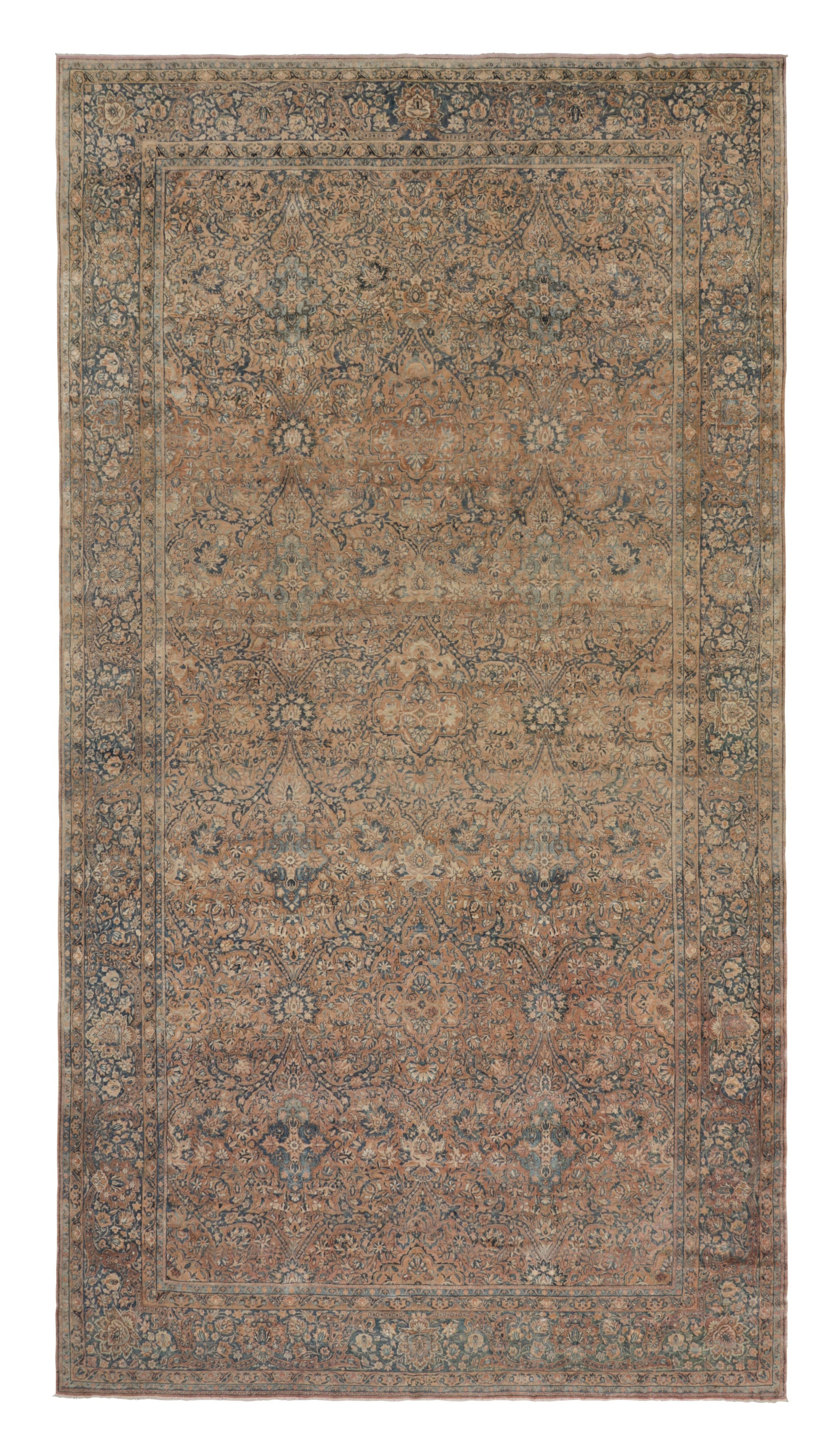 Antiker Kerman Lavar Perserteppich in Blau, Beige-Braun mit Blumenmuster