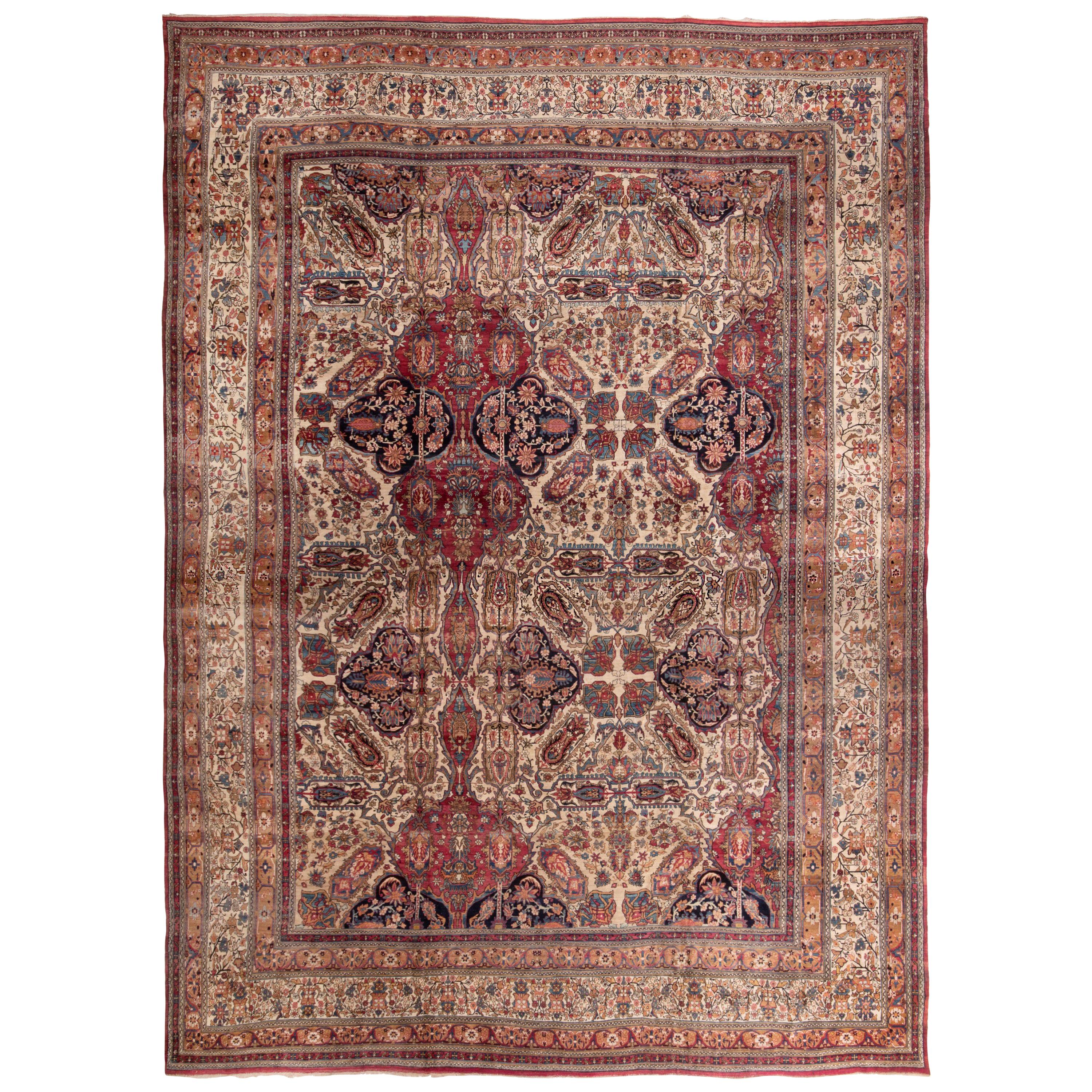 Antique Kerman Lavar Red and Brown Persian Floral Rug For Sale