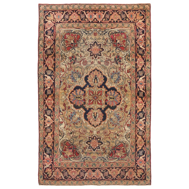 Antique Kerman Lavar Traditional Beige and Pink Wool Persian Rug For