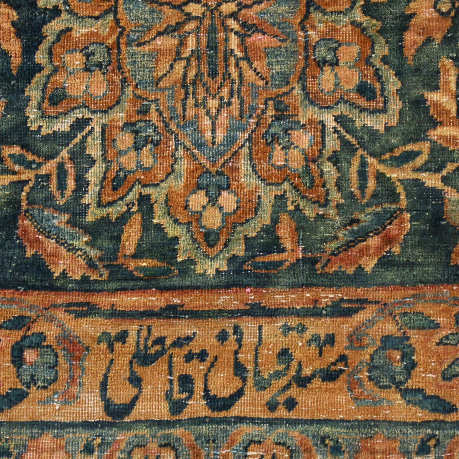 Antique Kerman Lavar Traditional Brown and Blue Wool Persian Rug In Good Condition In Long Island City, NY