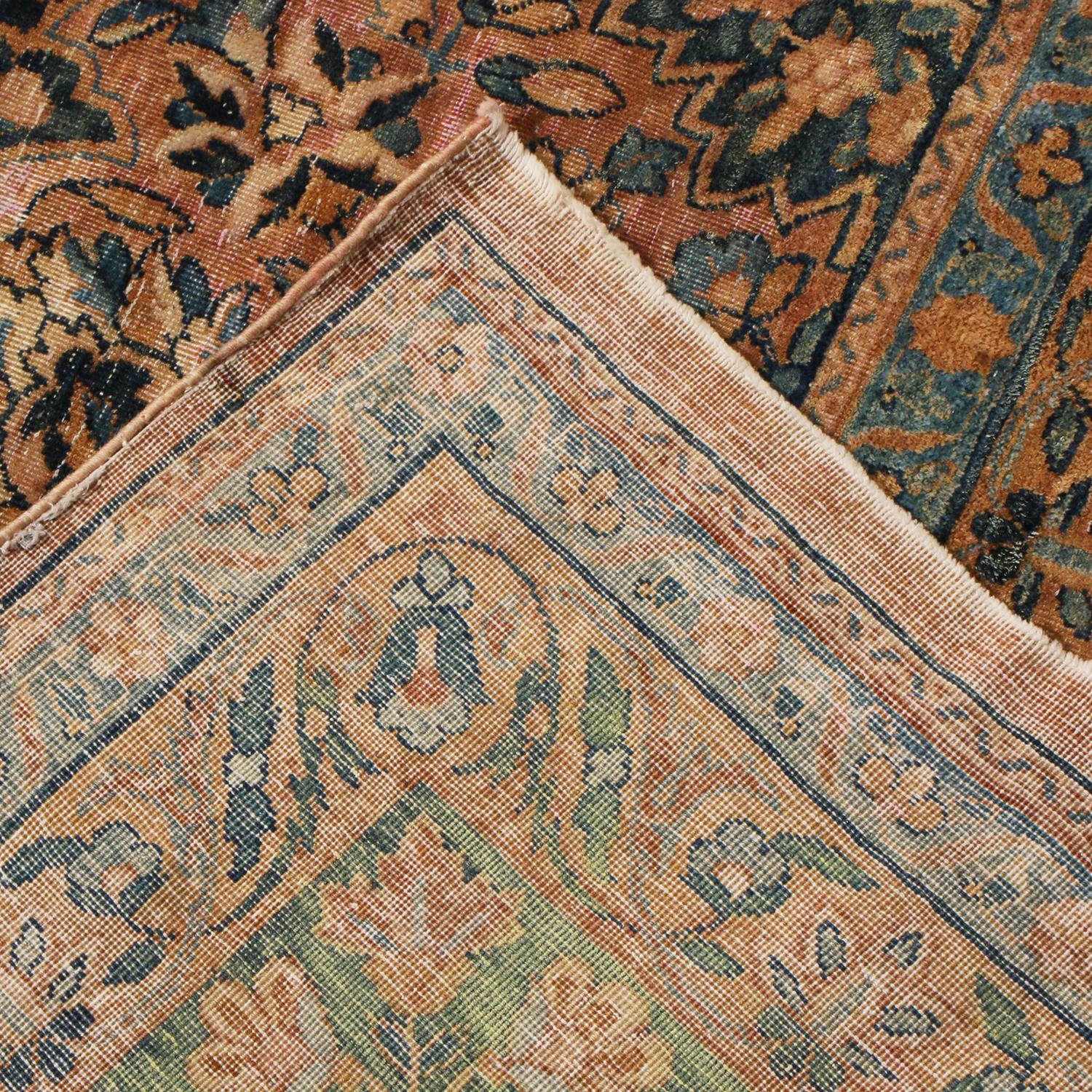 Late 19th Century Antique Kerman Lavar Traditional Brown and Blue Wool Persian Rug