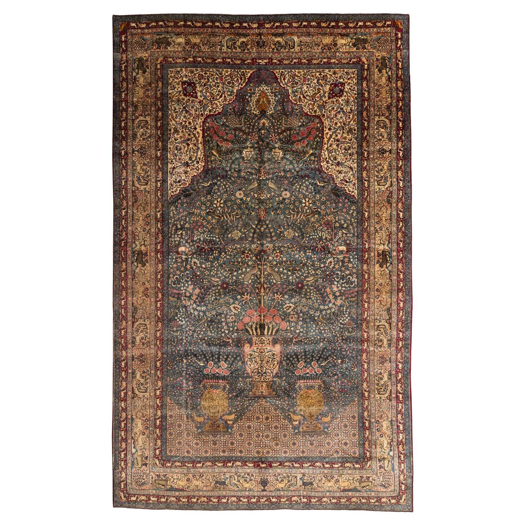 Antique Kerman Oversized Carpet with Floral Garden Design and Animal Motifs For Sale