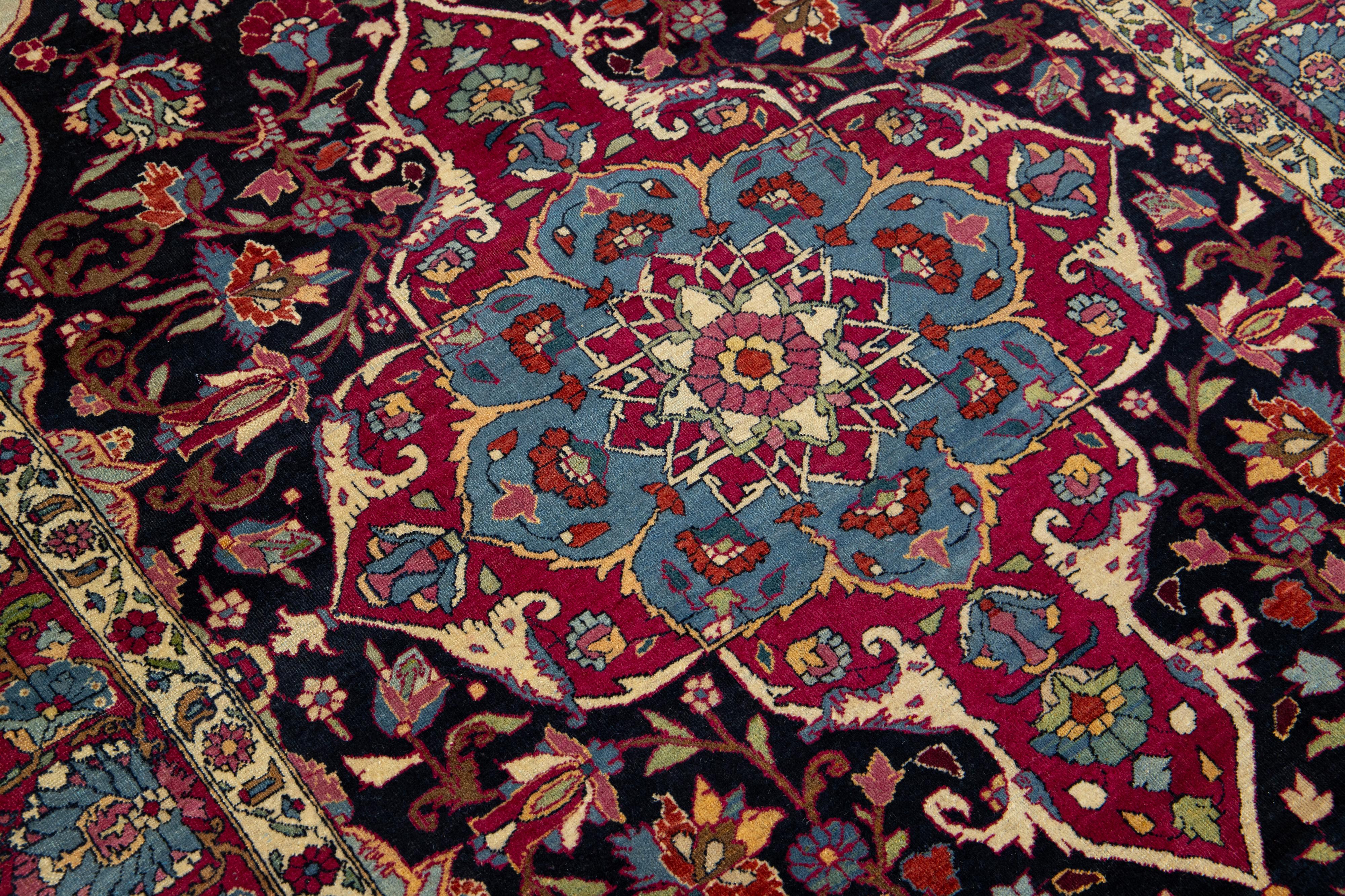 Antique Kerman Persian Dark Blue Wool Rug with a Medallion Floral Design For Sale 1