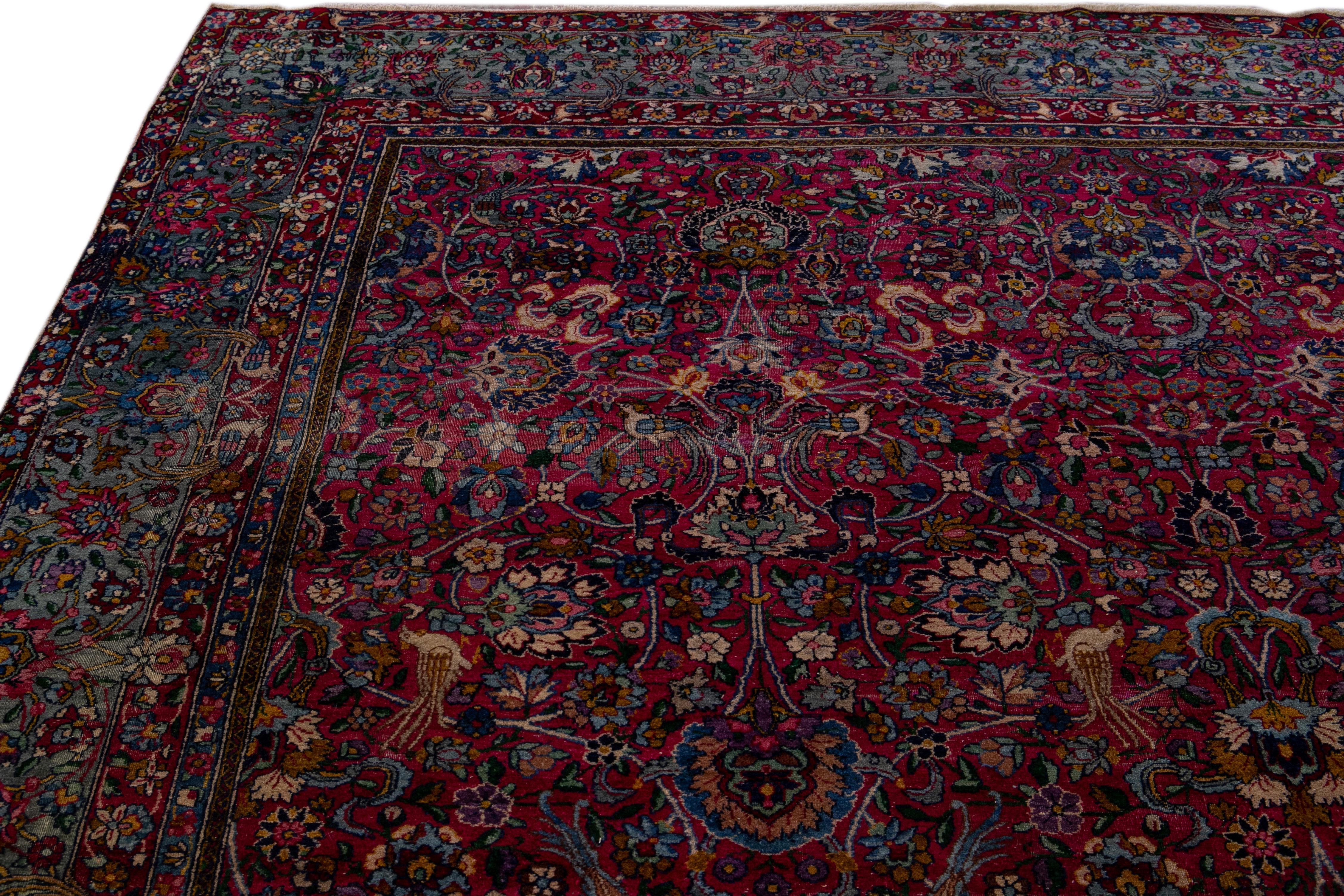 Kirman Antique Kerman Persian Handmade Allover Floral Red Wool Rug