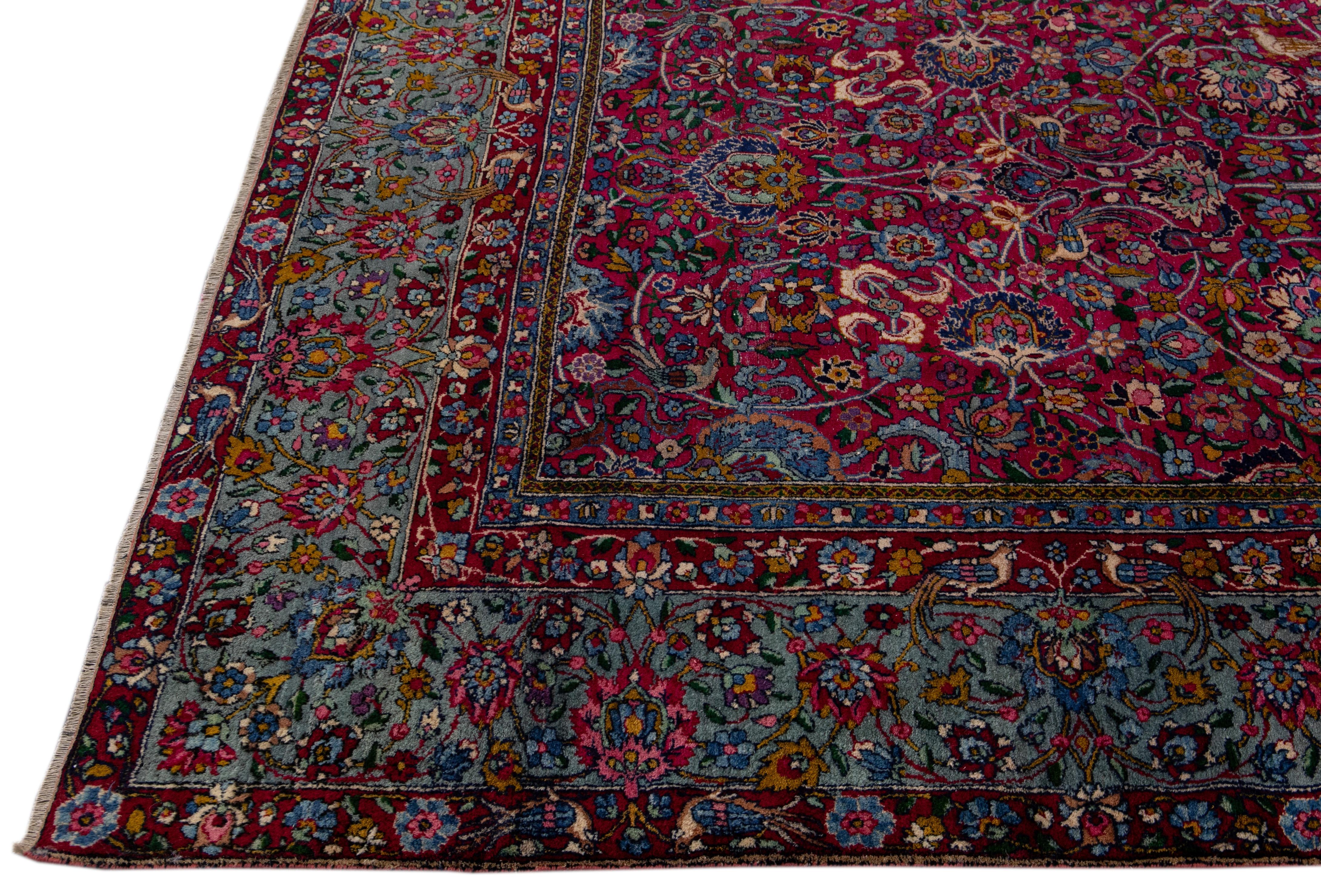Hand-Knotted Antique Kerman Persian Handmade Allover Floral Red Wool Rug