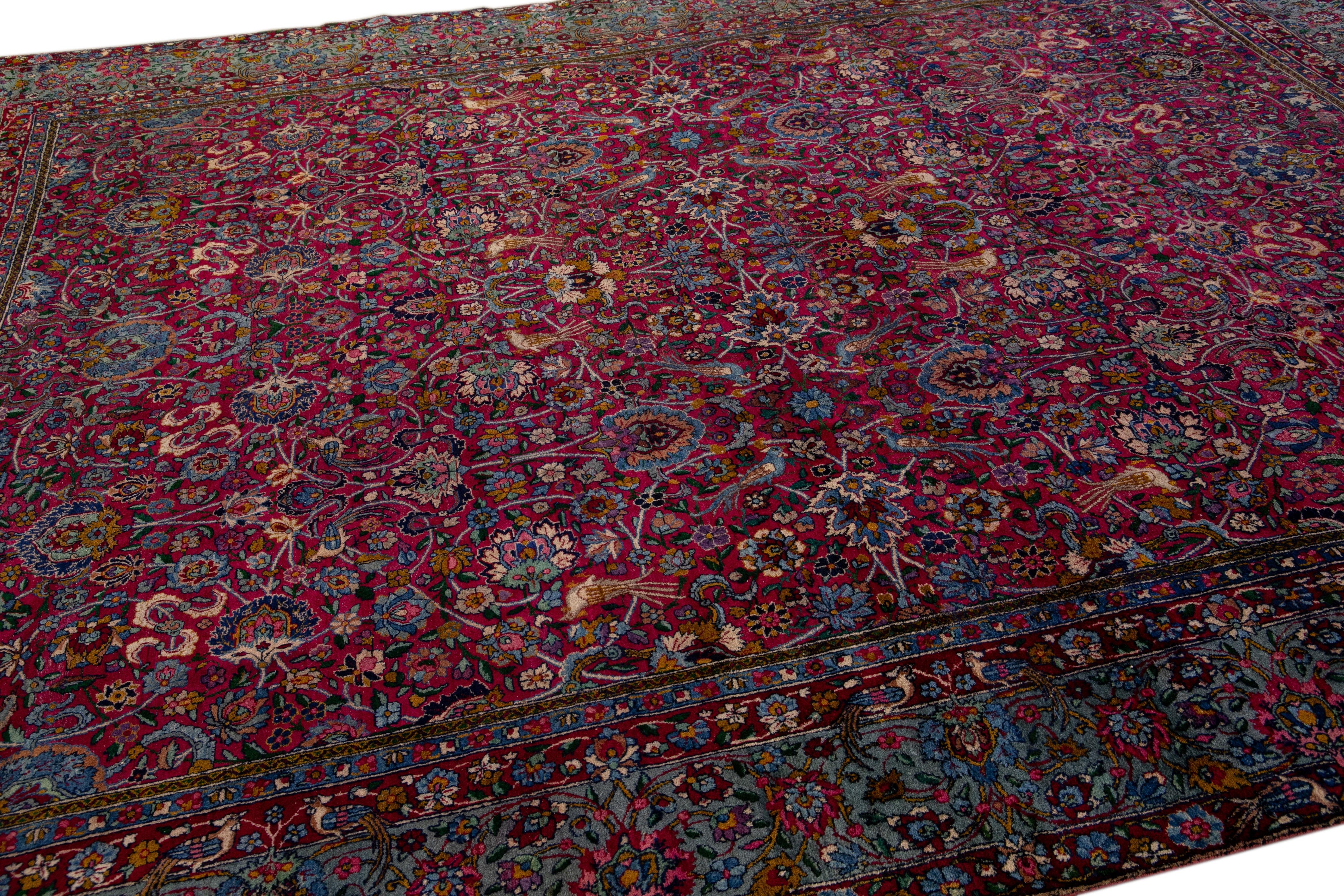 Antique Kerman Persian Handmade Allover Floral Red Wool Rug In Good Condition In Norwalk, CT