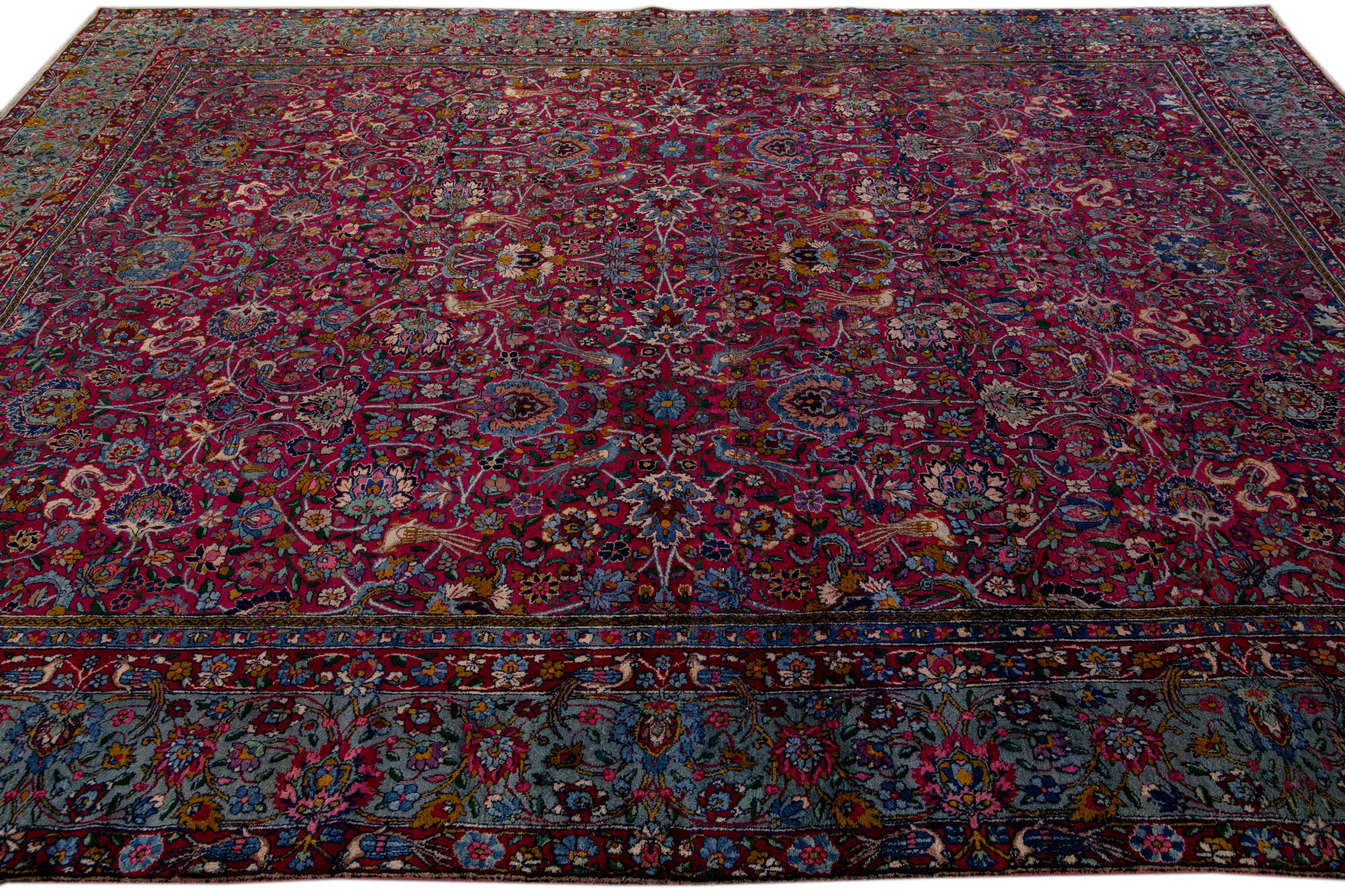 20th Century Antique Kerman Persian Handmade Allover Floral Red Wool Rug