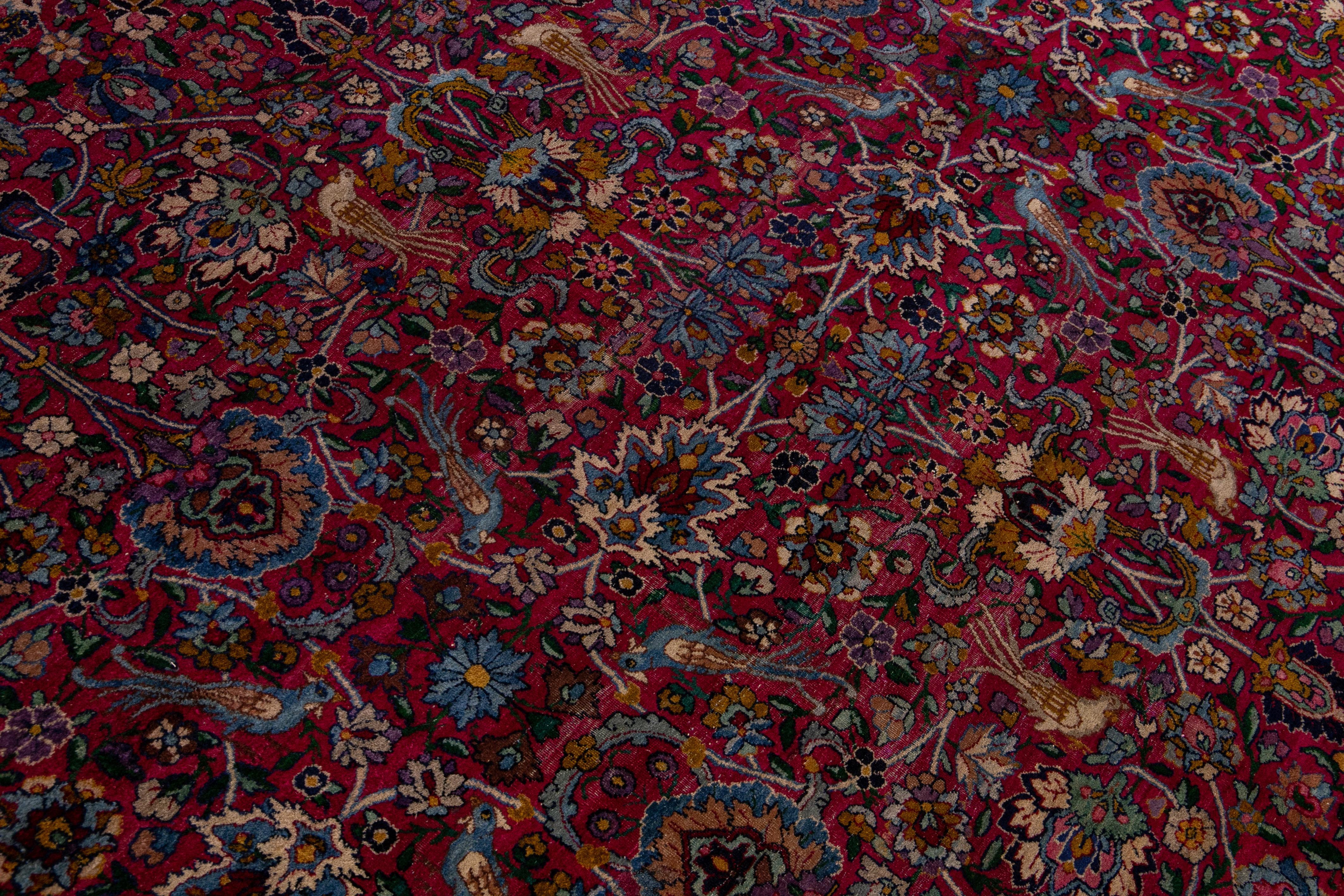 Antique Kerman Persian Handmade Allover Floral Red Wool Rug 1