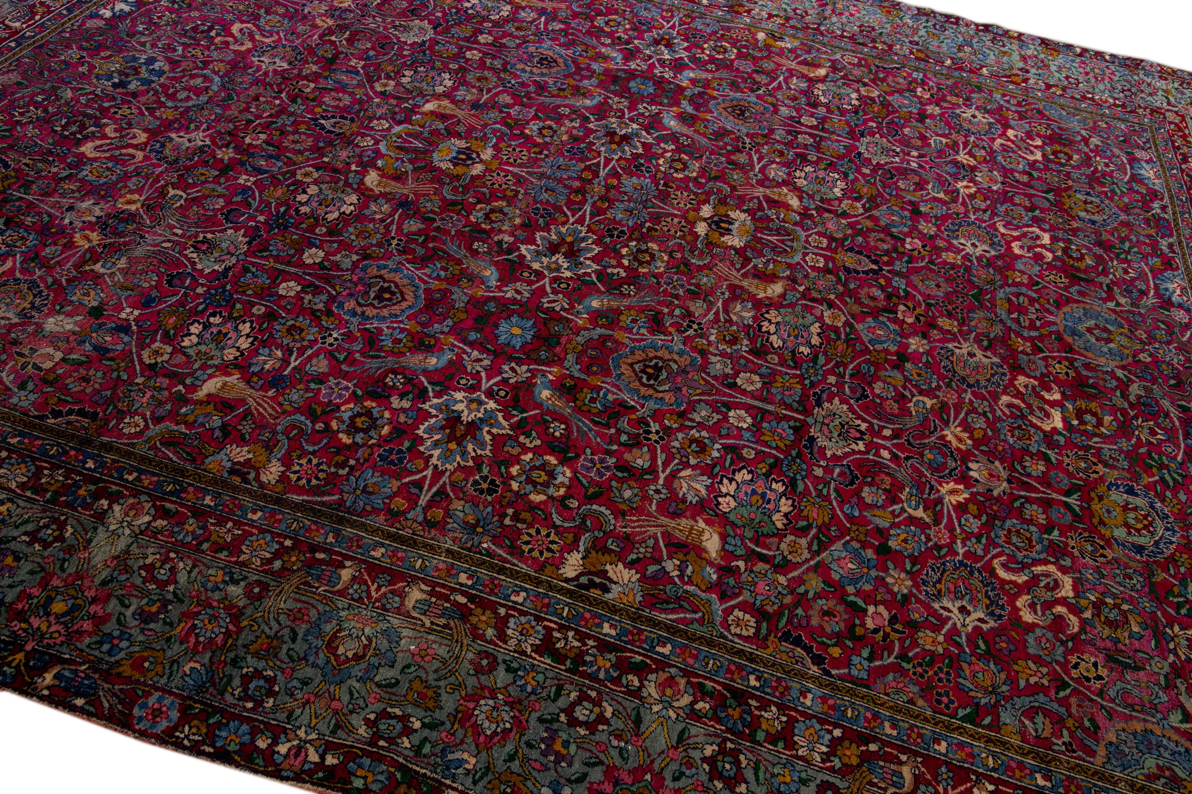 Antique Kerman Persian Handmade Allover Floral Red Wool Rug 2