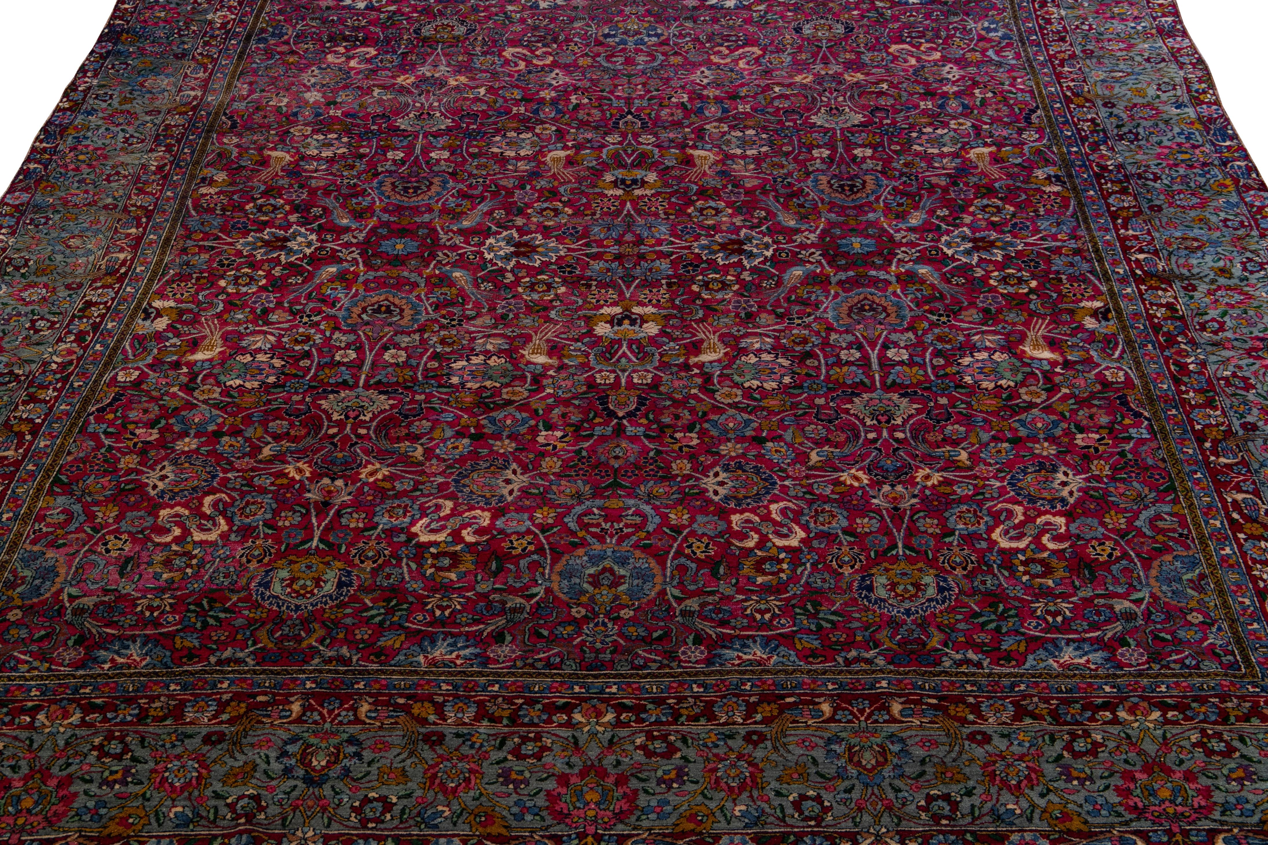 Antique Kerman Persian Handmade Allover Floral Red Wool Rug 3