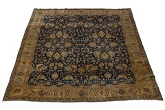 Alfombra Persa Antigua Kerman de Lana de Gran Tamaño en Azul Oscuro con Diseño Floral