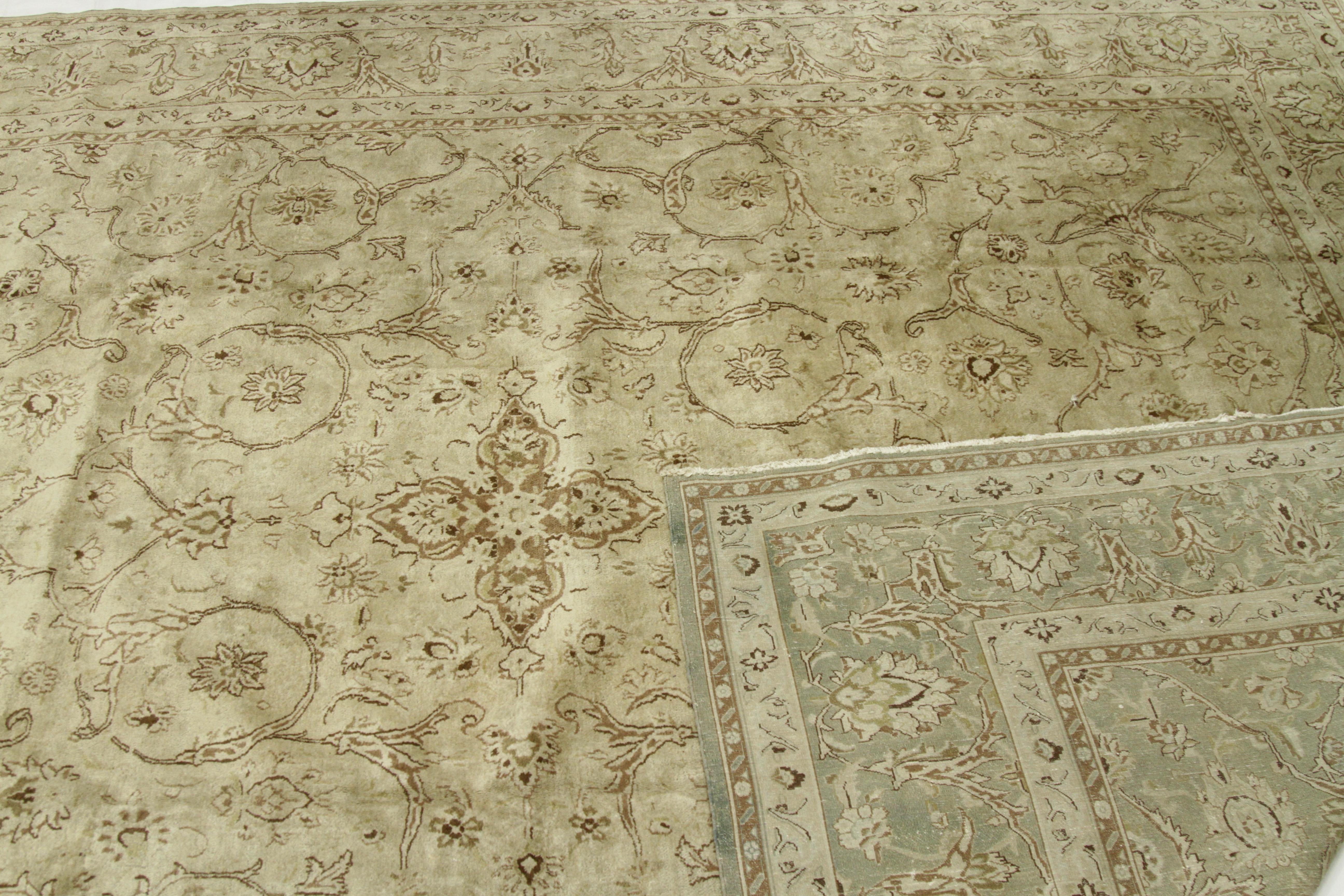 Hand-Knotted Antique Kerman Persian Rug with Floral Details in Ivory and Brown, circa 1960s For Sale