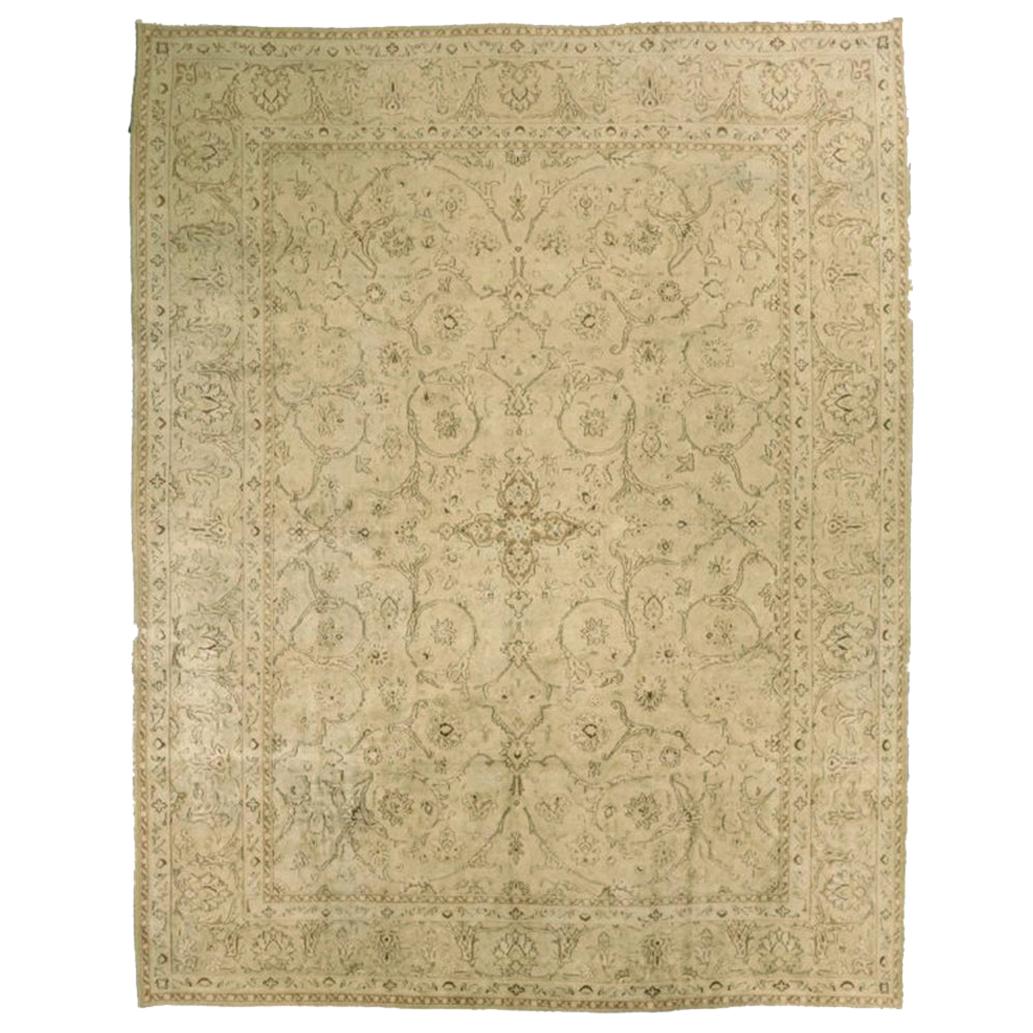 Antique Kerman Persian Rug with Floral Details in Ivory and Brown, circa 1960s For Sale