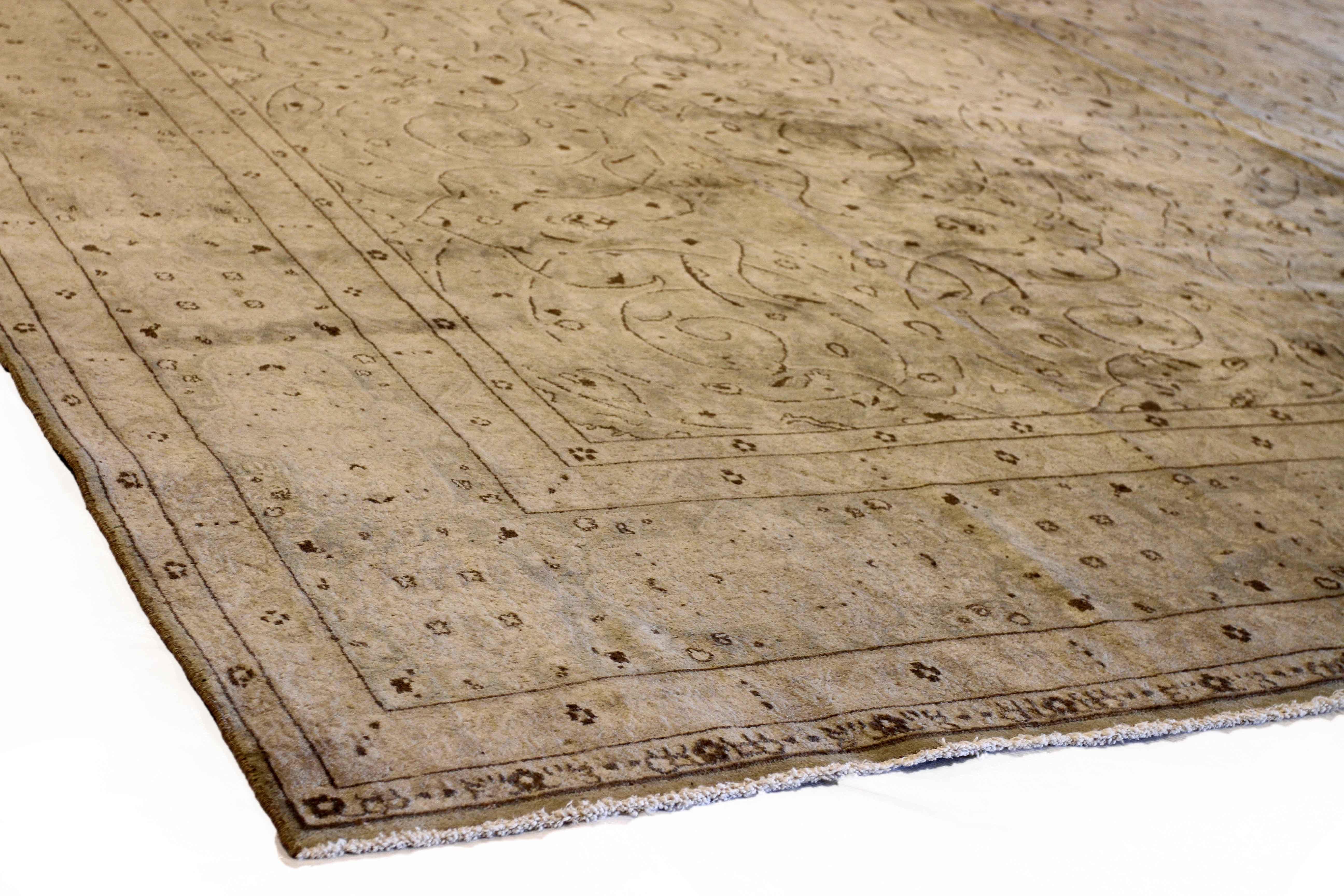 Hand-Knotted Antique Kerman Persian Rug with Ivory and Brown Floral Details, circa 1950s For Sale