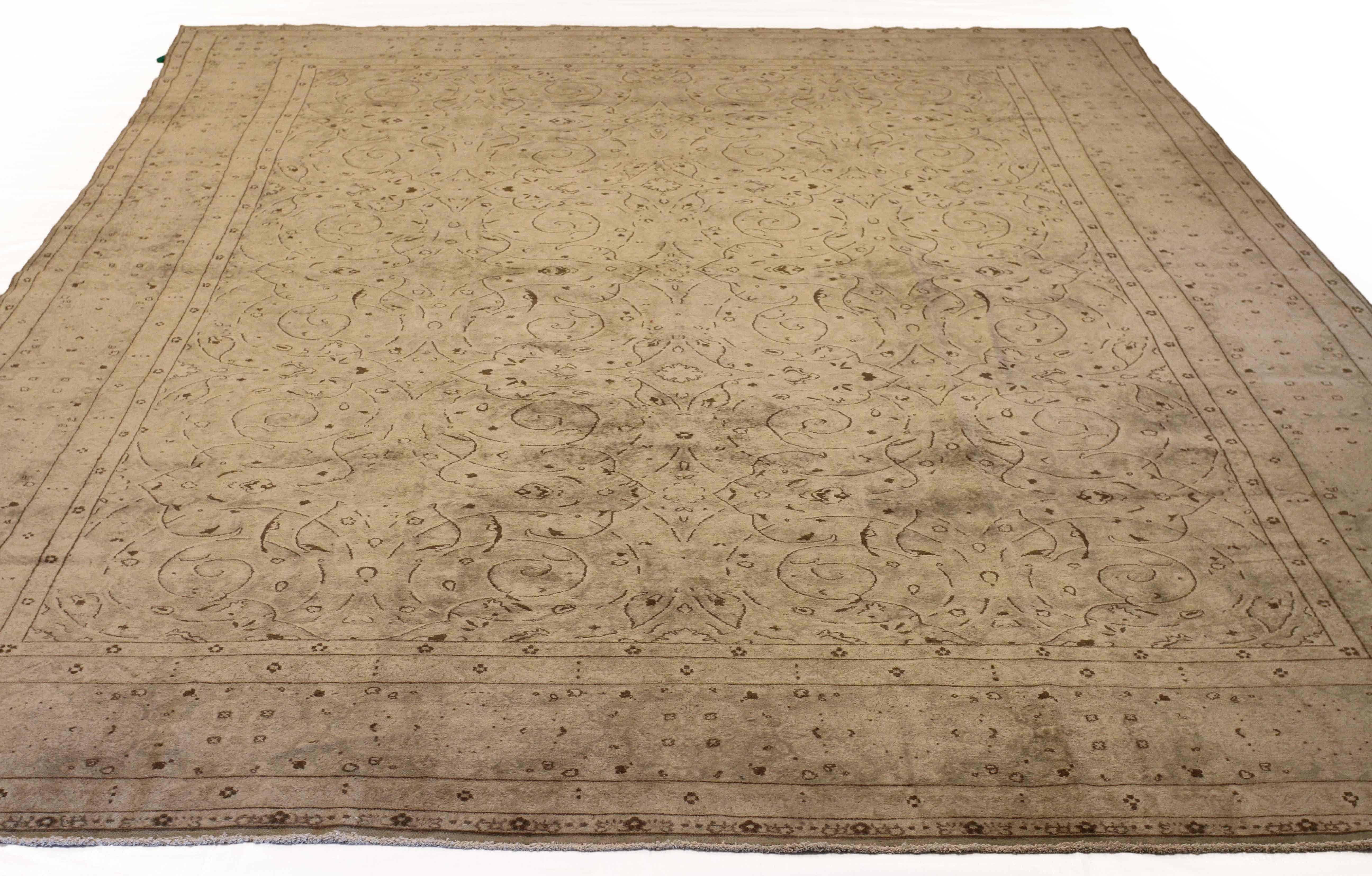 Mid-20th Century Antique Kerman Persian Rug with Ivory and Brown Floral Details, circa 1950s For Sale
